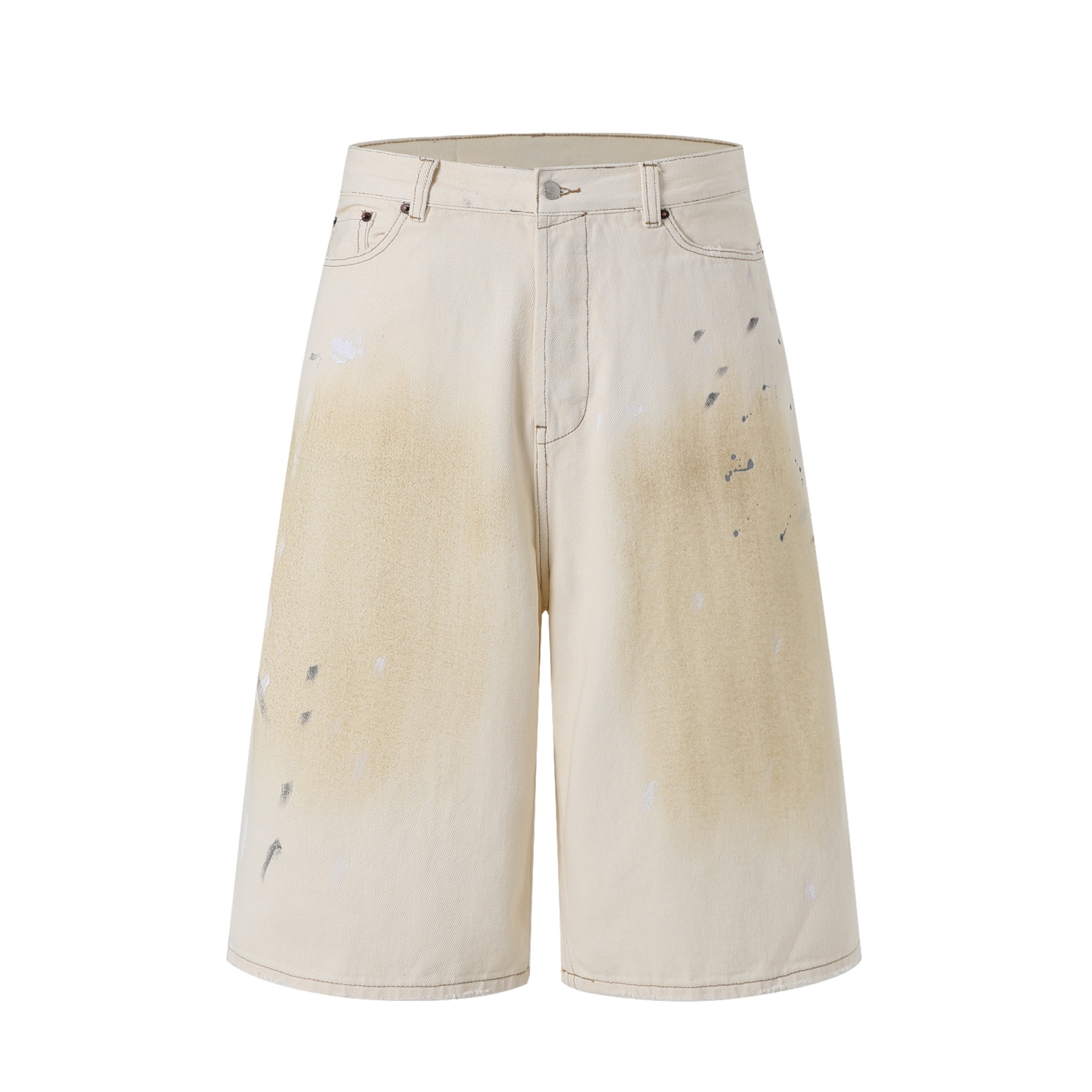 NO:860841,ACNE 26SS White Splash Denim Cropped Shorts 44-50 The fabric is made of 12-13.5 ounce (oz) twill denim, using 7×7 high-latitude twill weave. It is stiff but not too heavy. It can hold up the wide-leg/straight silhouette, while maintaining a soft and skin-friendly feeling, and is not prone to collapse and deformation.  Multiple washing and distressing, first basic fermentation washing + frying treatment, so that the original denim fades to a soft off-white, while showing a retro yellowing effect similar to years of wear. Hand-painted/splashed ink, manual use of brushes and spray guns to randomly apply black/white paint on the trousers to simulate the splash marks created by the artist, and the effect of each pair is unique.  Yellow mud/dirty dyeing spraying uses special color paste to simulate the adhesion effect of mud and stains. Through multiple spraying + color fixation treatments, the 'dirty feeling' transitions naturally. It is not a blunt color block, but integrated with the washing effect., Men's clothing,acne studios,shorts,19860909ACNE 26SS白泼墨牛仔七分短裤 44-50 面料采用12-13.5盎司（oz）的斜纹牛仔布,采用7×7高纬度斜纹织法,挺括又不会过于厚重,能撑起阔腿/直筒的廓形,同时保持柔软亲肤的穿着感,不易软塌变形. 多重水洗与做旧,先经过基础酵洗+炒色处理,让原本的牛仔布褪色为柔和的米白色,同时呈现类似多年穿着的复古泛黄效果. 手工点漆/泼墨,人工用刷子、喷枪在裤身随机点涂黑/白色颜料,模拟艺术家创作的泼溅痕迹,每一条的效果都是独一无二的. 黄泥/脏染喷涂,用特殊色浆模拟泥土、污渍的附着效果,通过多次喷涂+固色处理,让“脏感”自然过渡,不是生硬的色块,而是和水洗效果融为一体.,男装,acne studios,shorts,,Women's clothing
