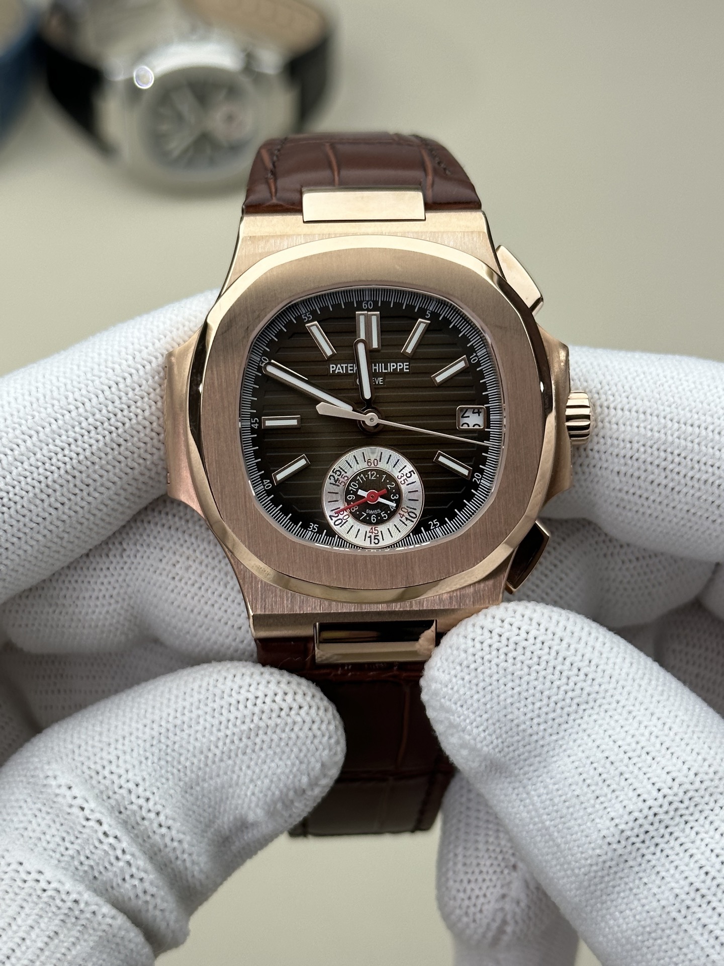 Patek Philippe Nautilus 5980 Chronograph Rose Gold Brown Leather Strap Watch 1 i1745214523428 6474 0 0