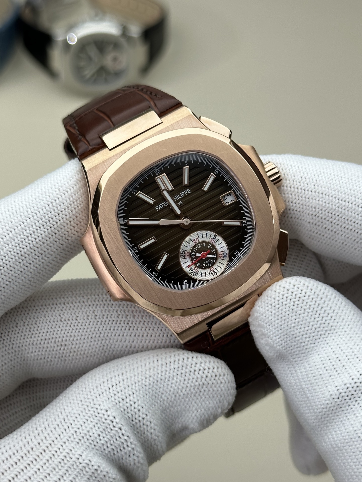 Patek Philippe Nautilus 5980 Chronograph Rose Gold Brown Leather Strap Watch 2 i1745214525050 9728 0 1