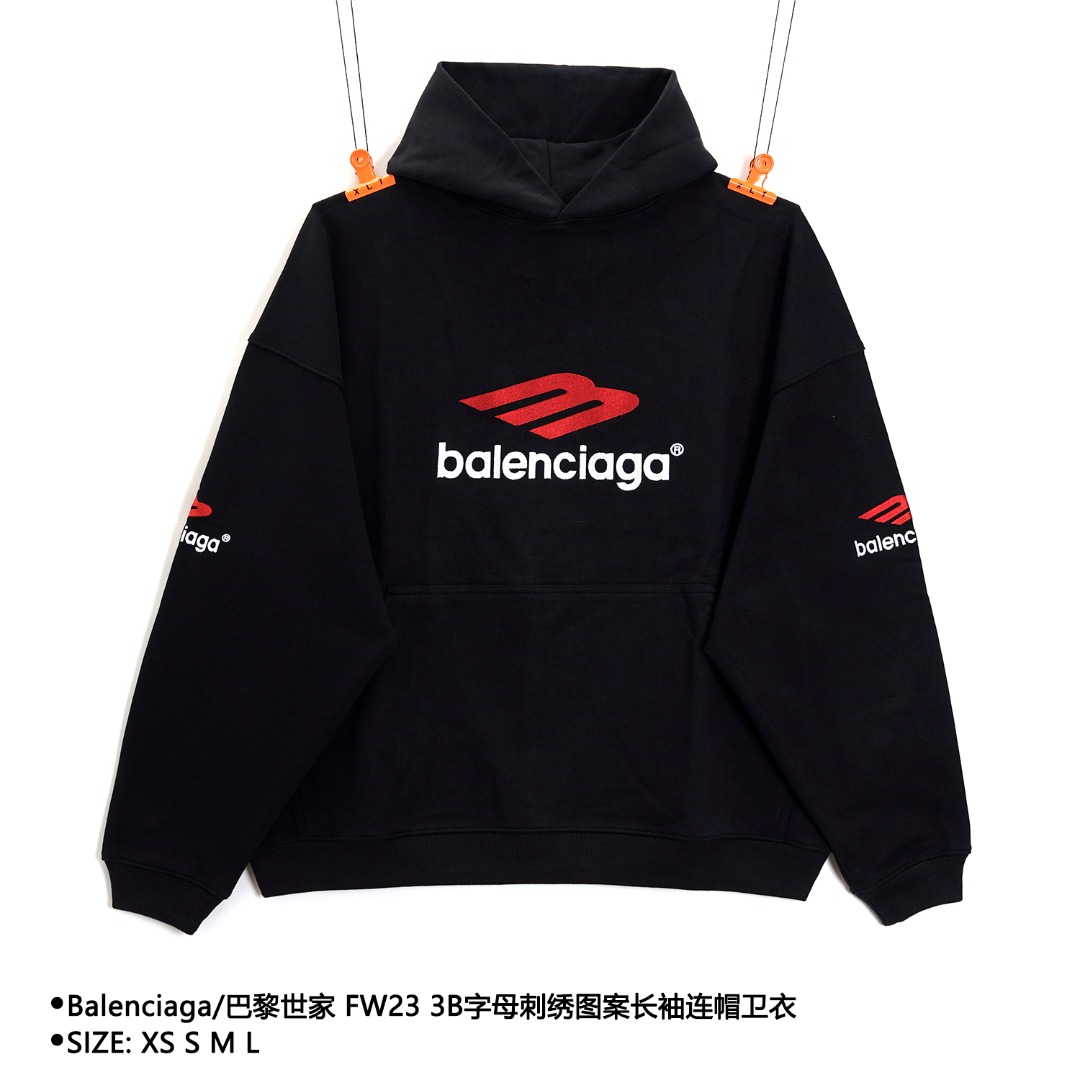 Balenciaga/巴黎世家 FW23 3B字母刺绣图案长袖连帽卫衣