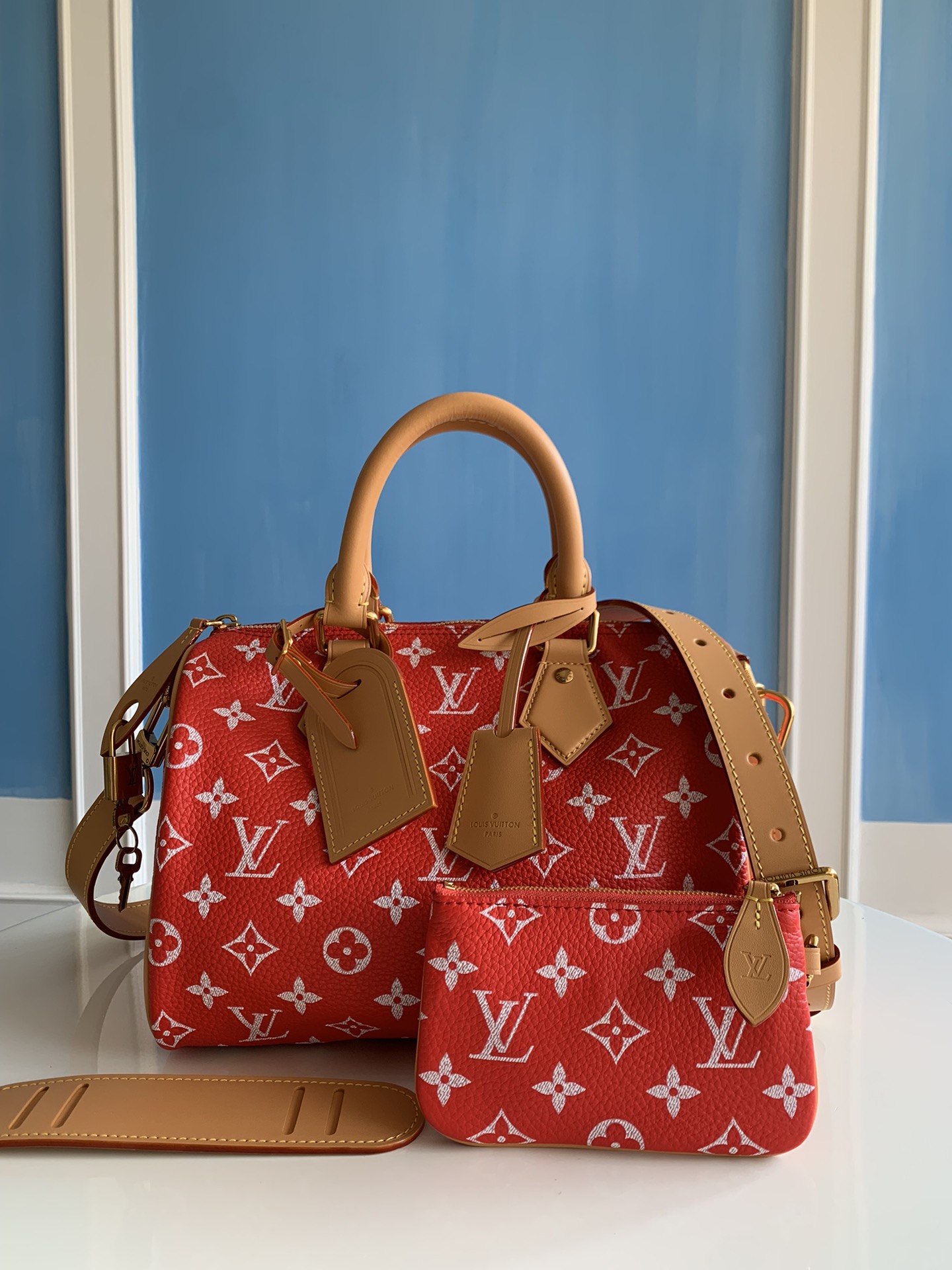 Louis Vuitton LV Speedy Tassen handtassen Rood Polijsten Canvas Koeienhuid Schapenvacht M24425