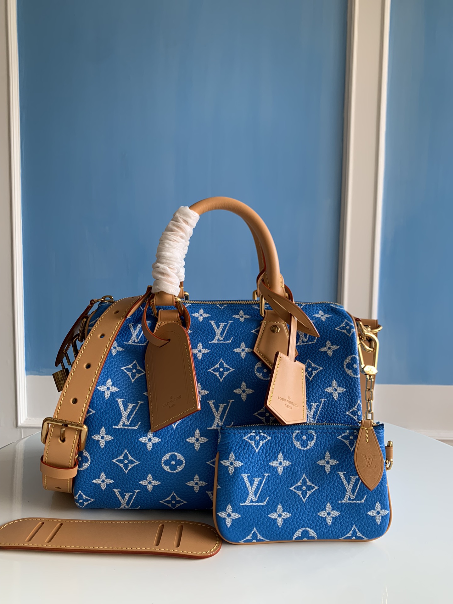 Waar kan ik de beste kwaliteit kopen
 Louis Vuitton LV Speedy Tassen handtassen Blauw Polijsten Canvas Koeienhuid Schapenvacht M24424