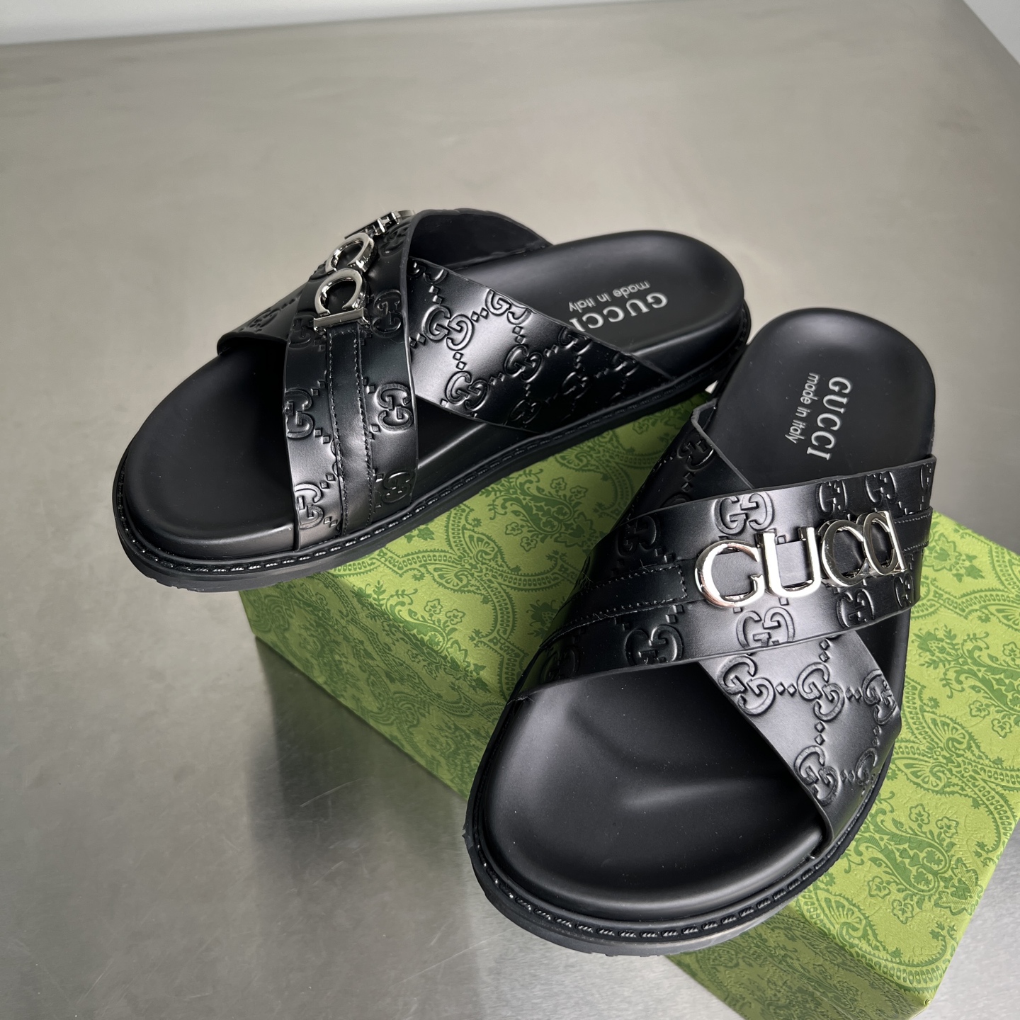 Gucci Double G Embossed Cross Strap Platform Sandals, Black Leather 3 i1745357237117 8722 0 1