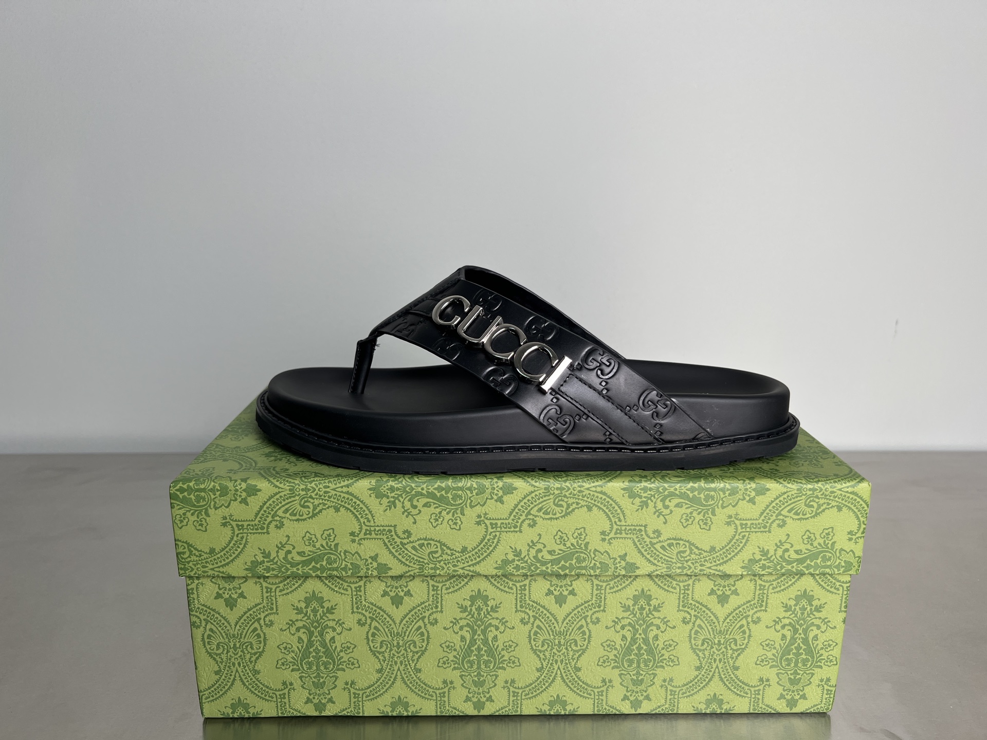 Gucci Men's Double G Embossed Leather Thong Sandals, Black 2 i1745357335160 9758 0 0