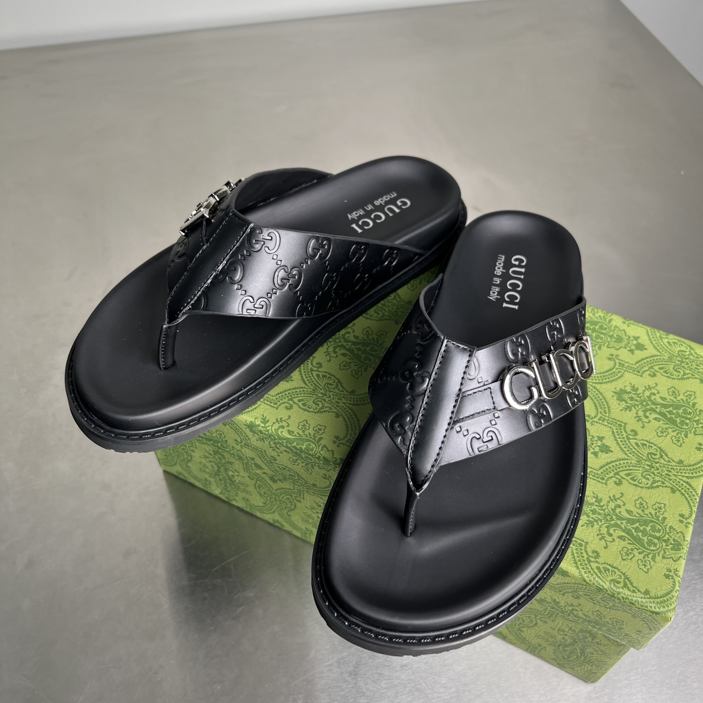 Gucci Men's Double G Embossed Leather Thong Sandals, Black 3 i1745357336553 3905 0 1