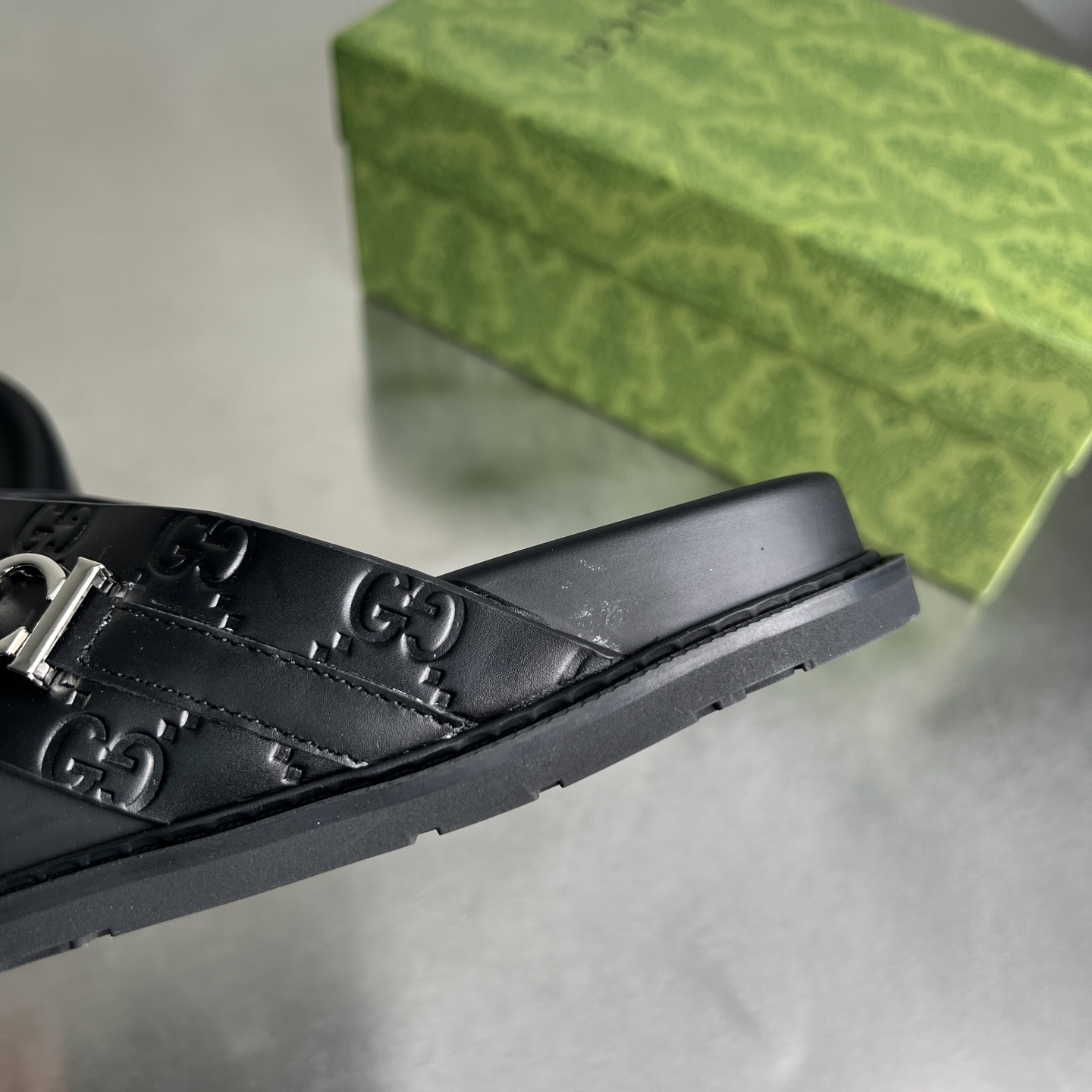 Gucci Men's Double G Embossed Leather Thong Sandals, Black 8 i1745357336575 266 0 6