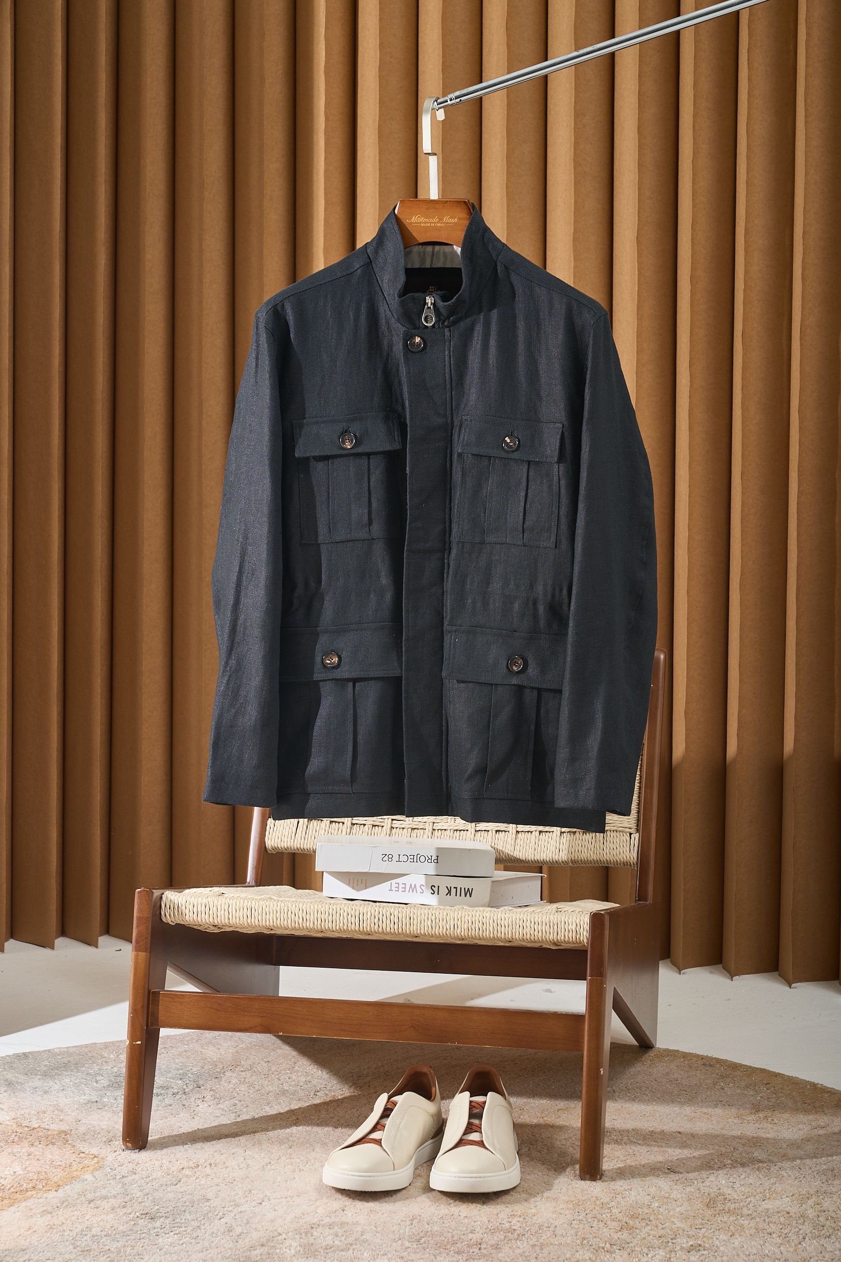 【Loro Piana经典格纹内里！甄选优质亚麻纤维面料立领设计四口袋工装款外套】男士复古工装风，解锁文