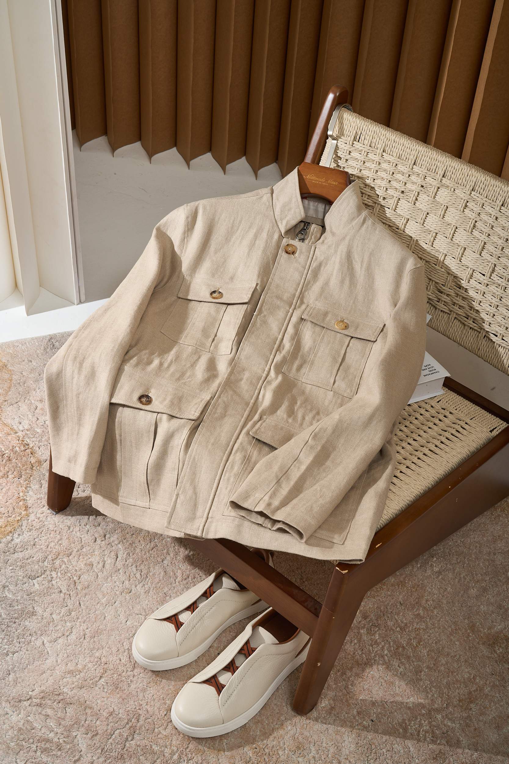 【Loro Piana经典格纹内里！甄选优质亚麻纤维面料立领设计四口袋工装款外套】男士复古工装风，解锁文