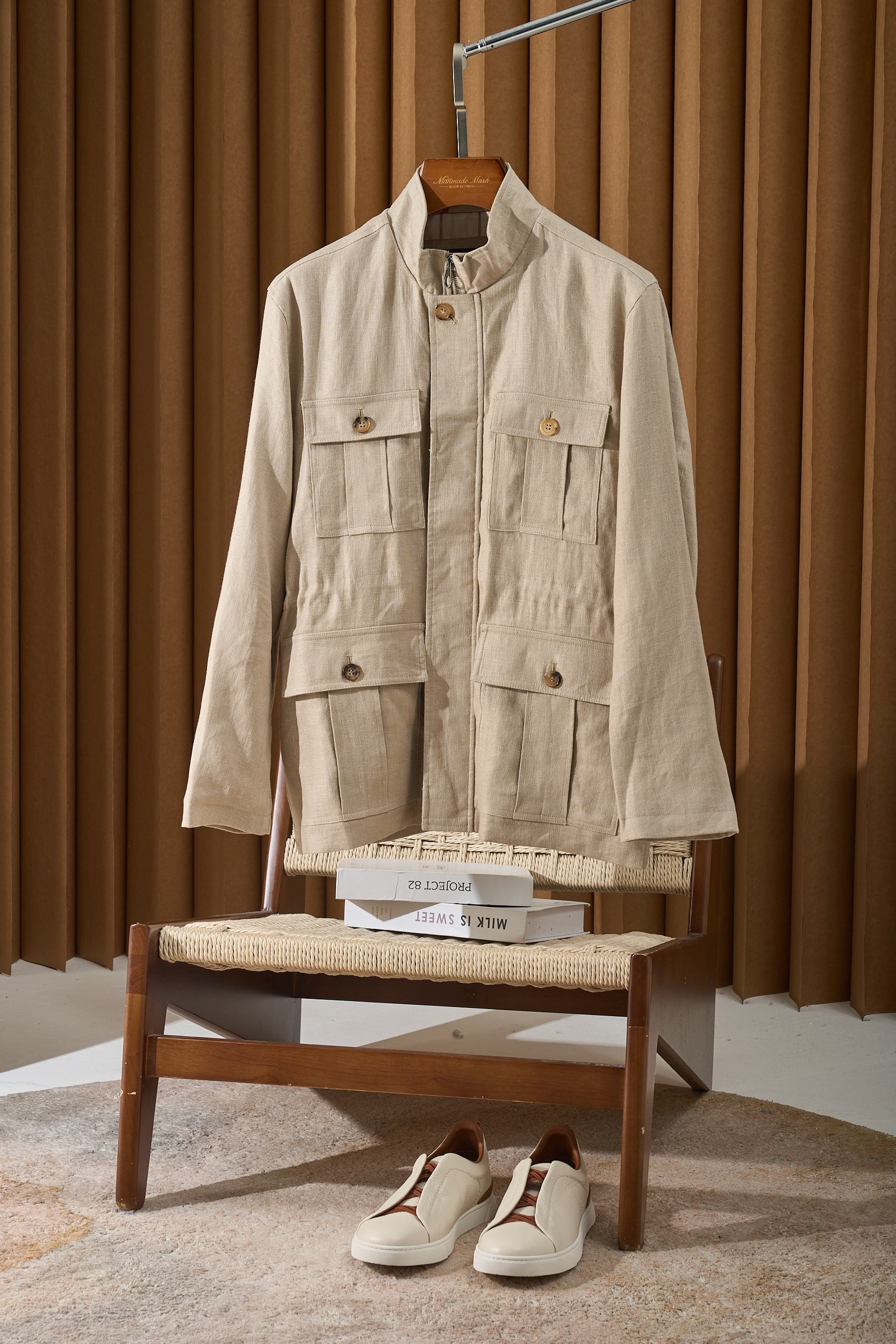 【Loro Piana经典格纹内里！甄选优质亚麻纤维面料立领设计四口袋工装款外套】男士复古工装风，解锁文