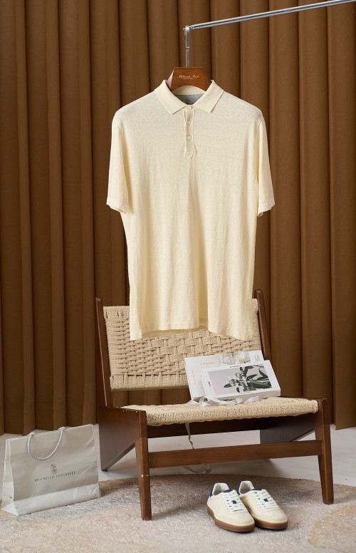 Brunello Cucinelli Knitted Polo Shirt - Cotton Linen Blend, Short Sleeve 1 Brunello Cucinelli Knitted Polo Shirt - Cotton Linen Blend, Short Sleeve