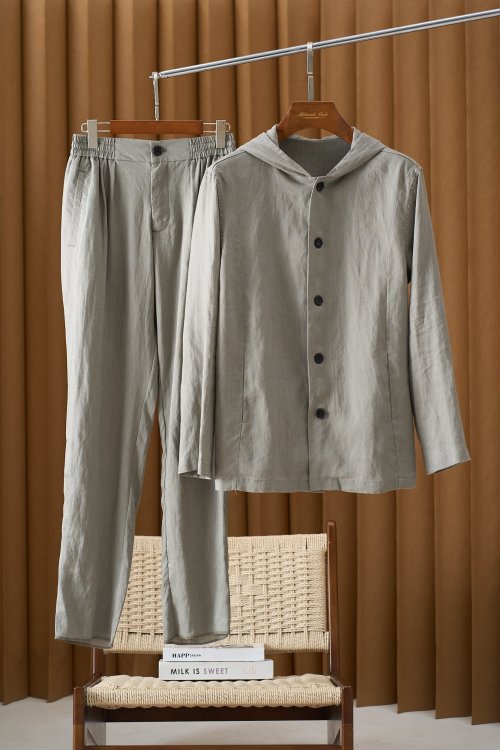 ZILIMARK Men's Linen Set: Button-Down Long Sleeve Hoodie and Straight-Leg Pants 1 ZILIMARK Men's Linen Set: Button-Down Long Sleeve Hoodie and Straight-Leg Pants