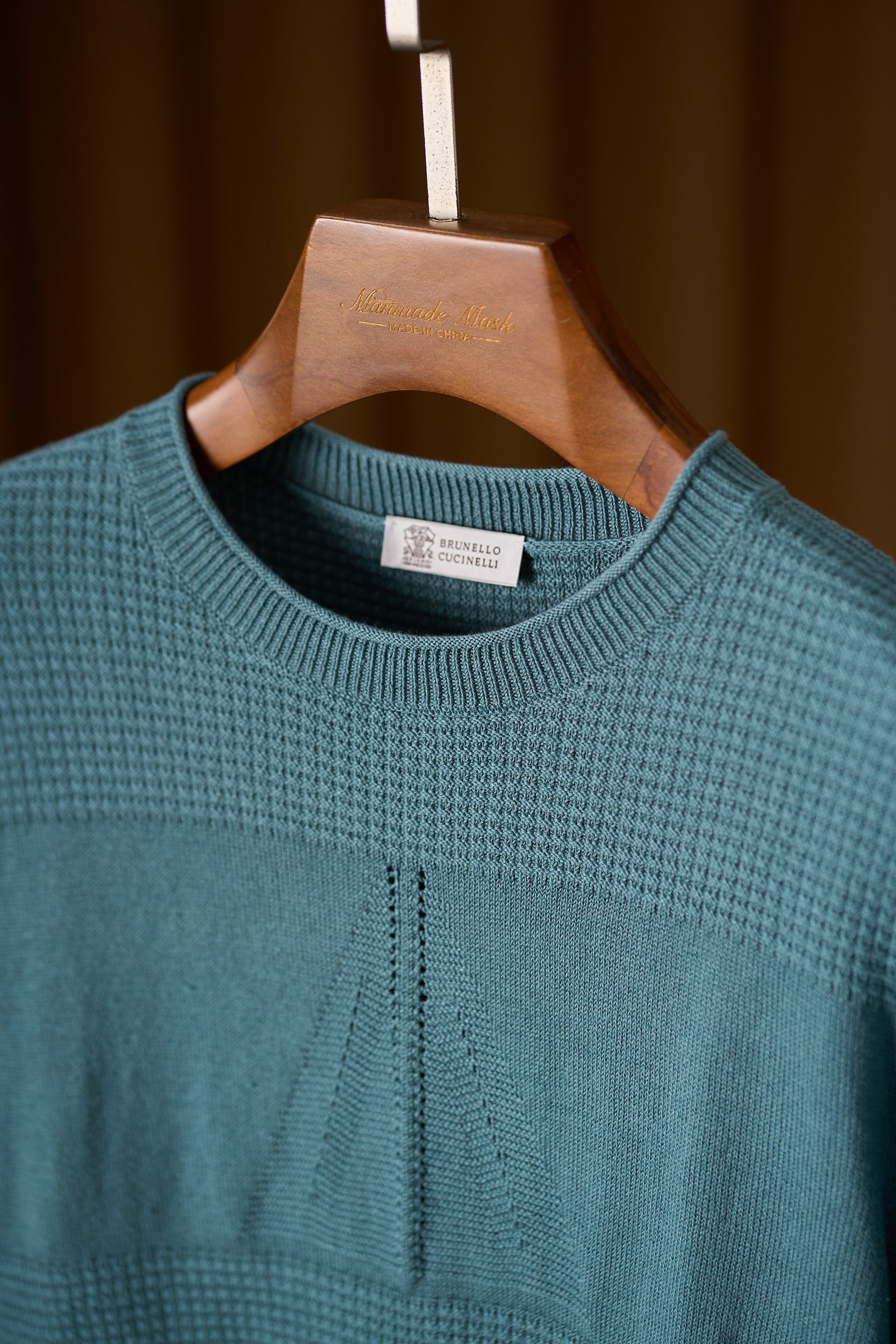 【航海的灵感优雅独特华夫格卷边圆领设计77%亚麻23%棉色织纱线长袖针织衫】男士航海风华夫格长袖针织衫：