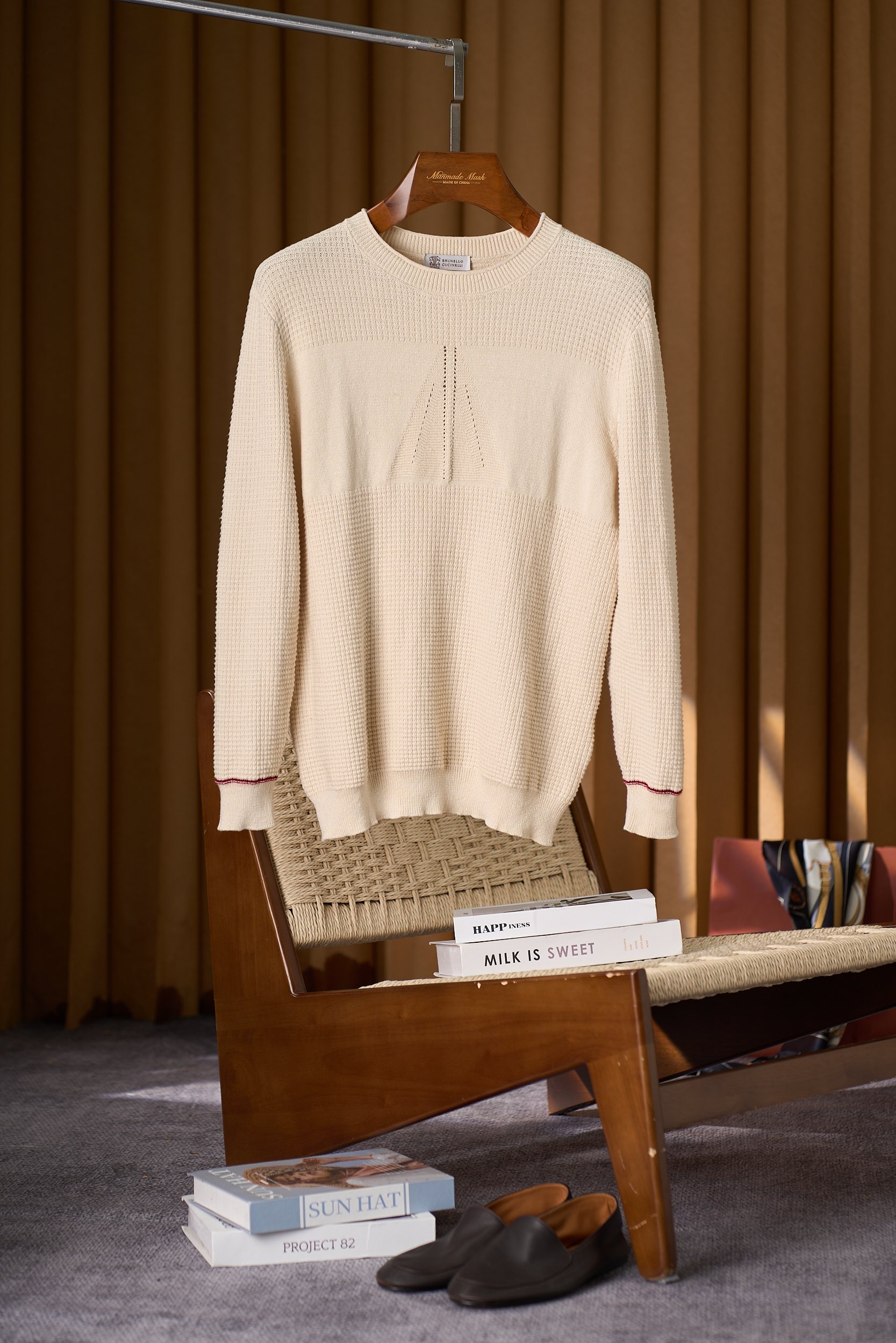 【航海的灵感优雅独特华夫格卷边圆领设计77%亚麻23%棉色织纱线长袖针织衫】男士航海风华夫格长袖针织衫：