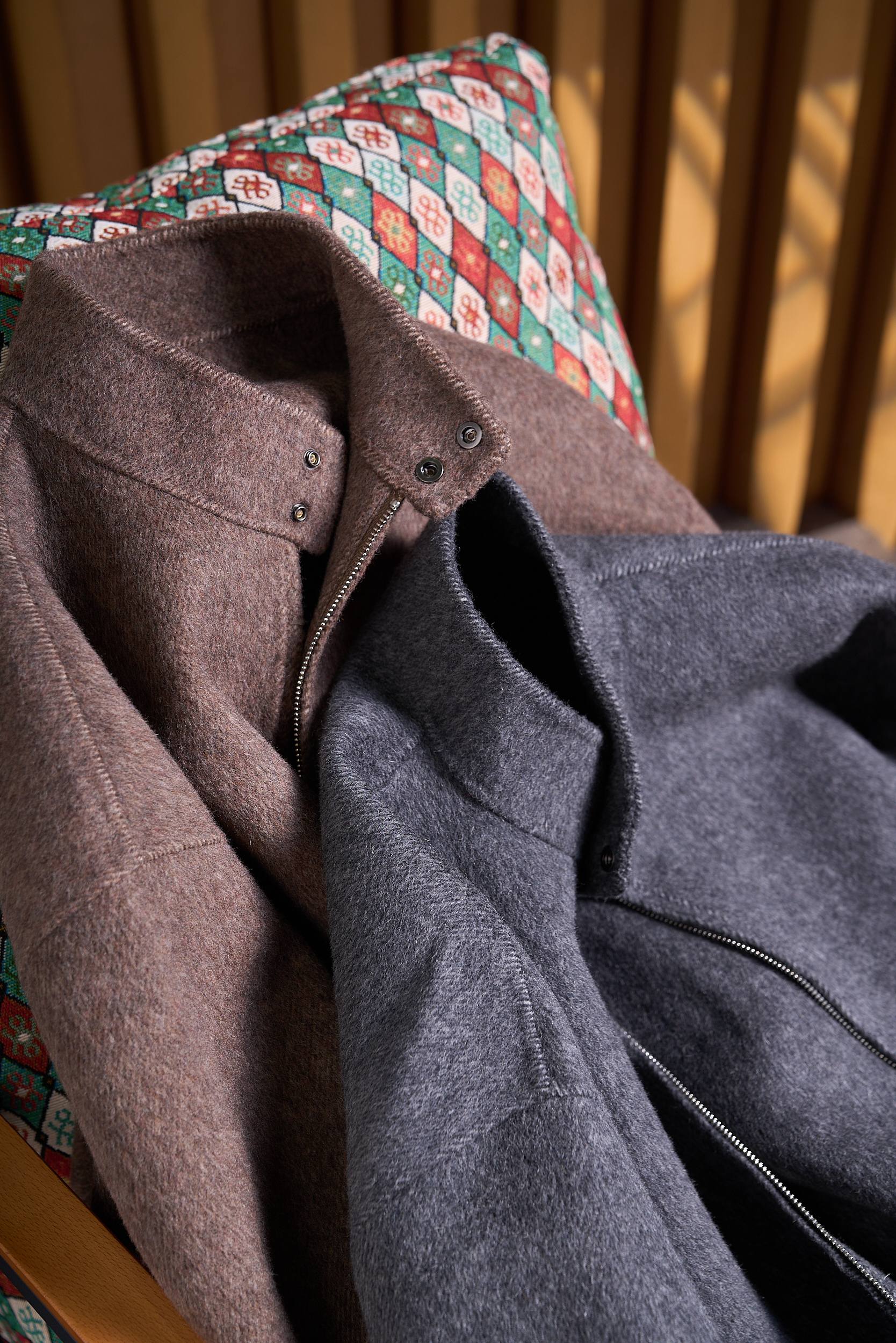 【微阔时尚立领花纱羊毛羊绒混纺双面尼双拉链设计夹克毛呢外套】男士微阔立领花纱毛呢夹克：双拉链设计，解锁高