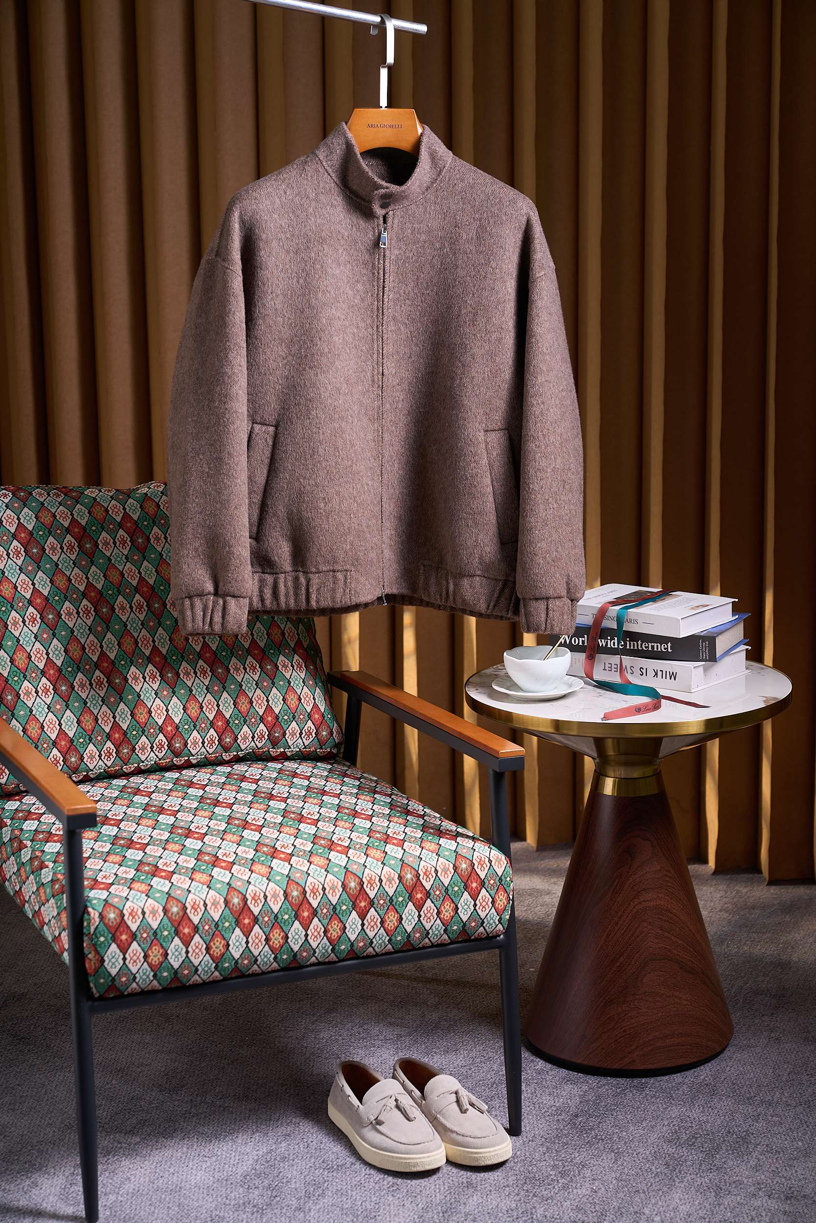 【微阔时尚立领花纱羊毛羊绒混纺双面尼双拉链设计夹克毛呢外套】男士微阔立领花纱毛呢夹克：双拉链设计，解锁高