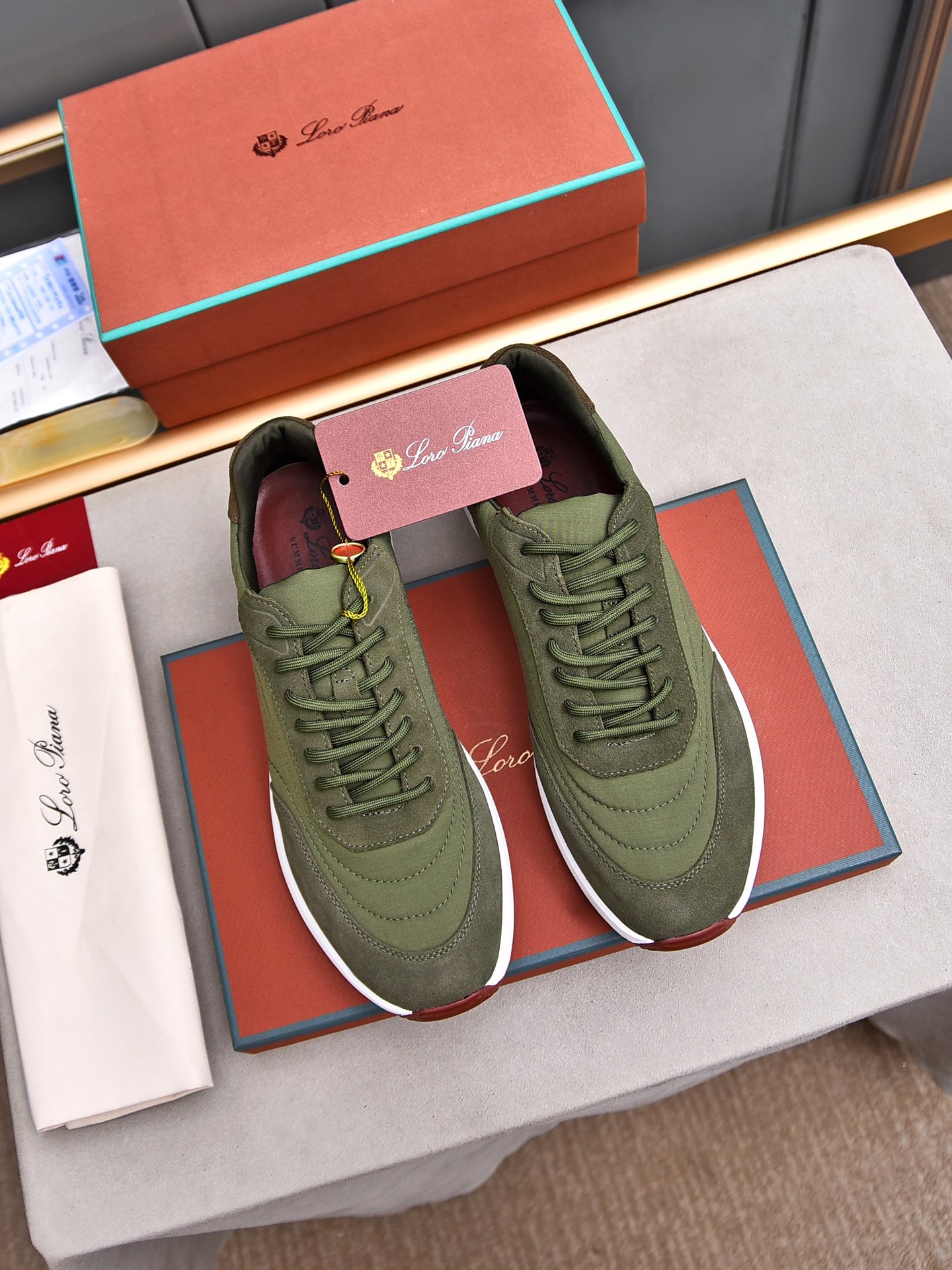 Loro Piana Men's Suede and Waterproof Fabric Sneakers - Olive Green 10 i1734078480 1166 0