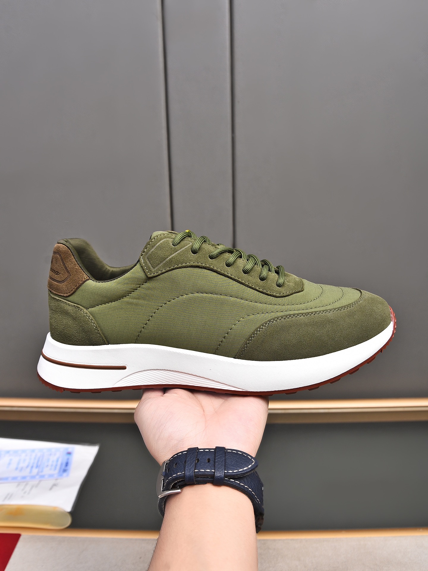 Loro Piana Men's Suede and Waterproof Fabric Sneakers - Olive Green 1 Loro Piana Men's Suede and Waterproof Fabric Sneakers - Olive Green
