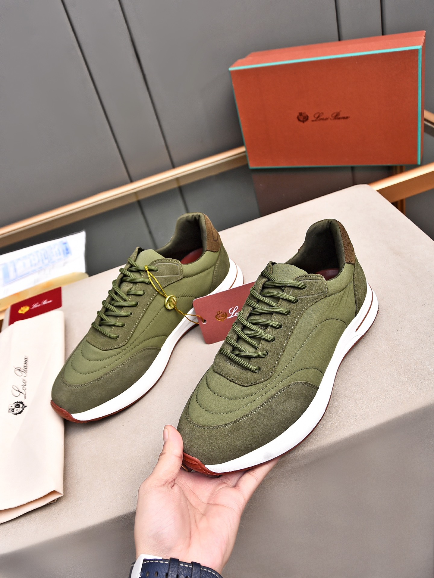 Loro Piana Men's Suede and Waterproof Fabric Sneakers - Olive Green 3 i1734078481 8973 8