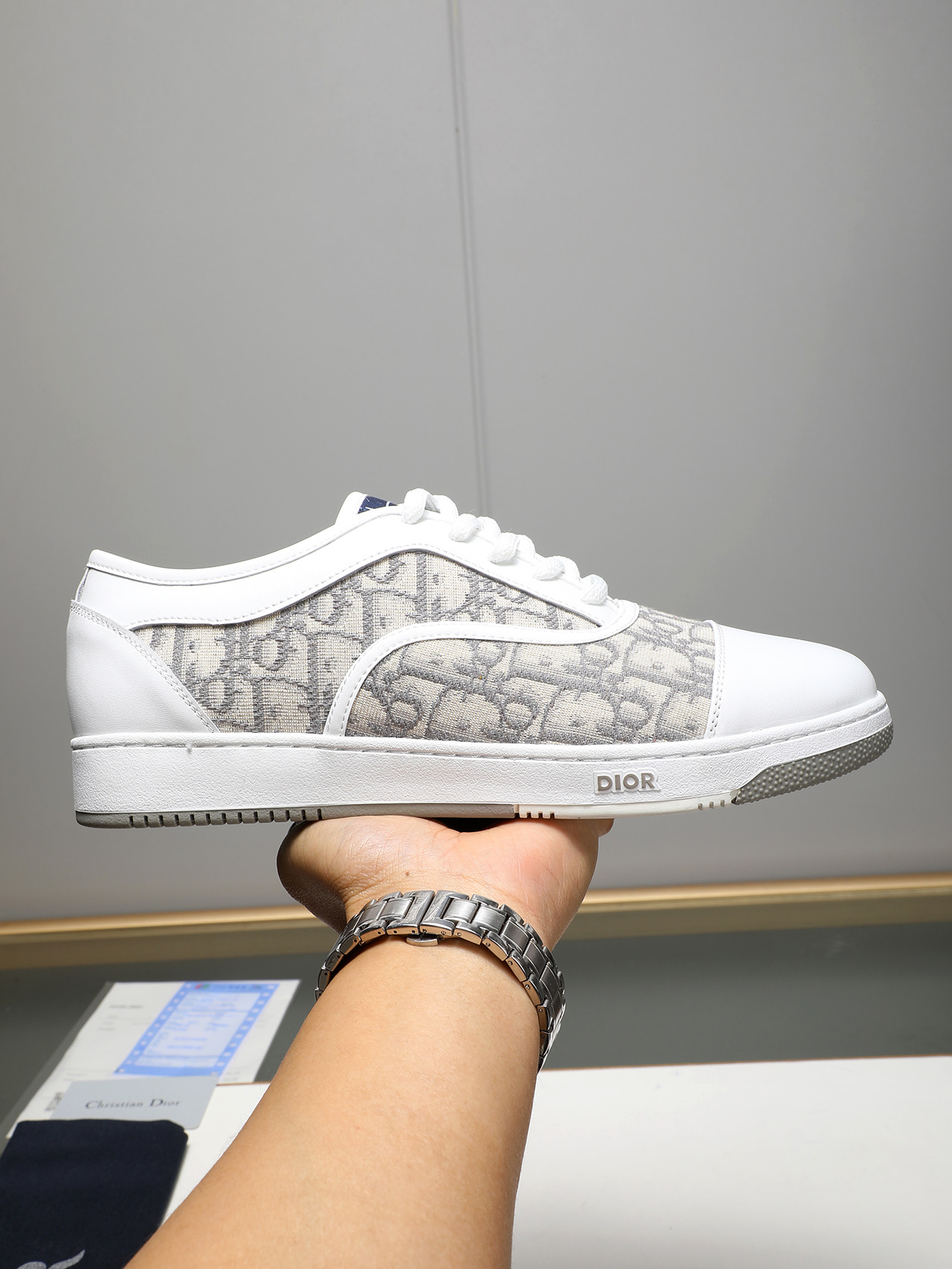 Dior Men's Casual Sneakers in White Leather and Oblique Canvas, Size 38-44