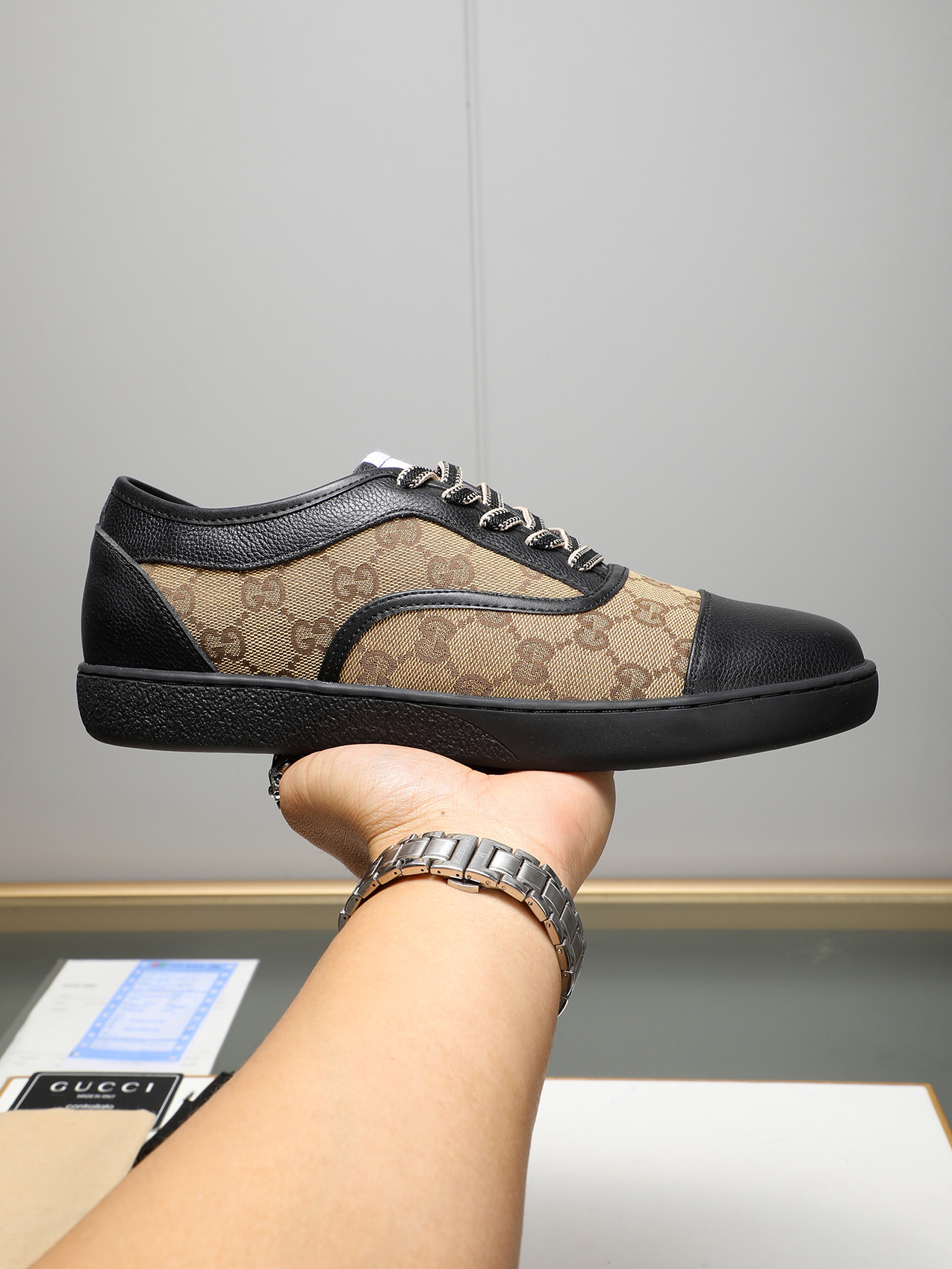Gucci Men's Leather And Canvas Lace-Up Sneakers, Black/Brown, Size 38-44 2 i1741683625243 5968 0 0