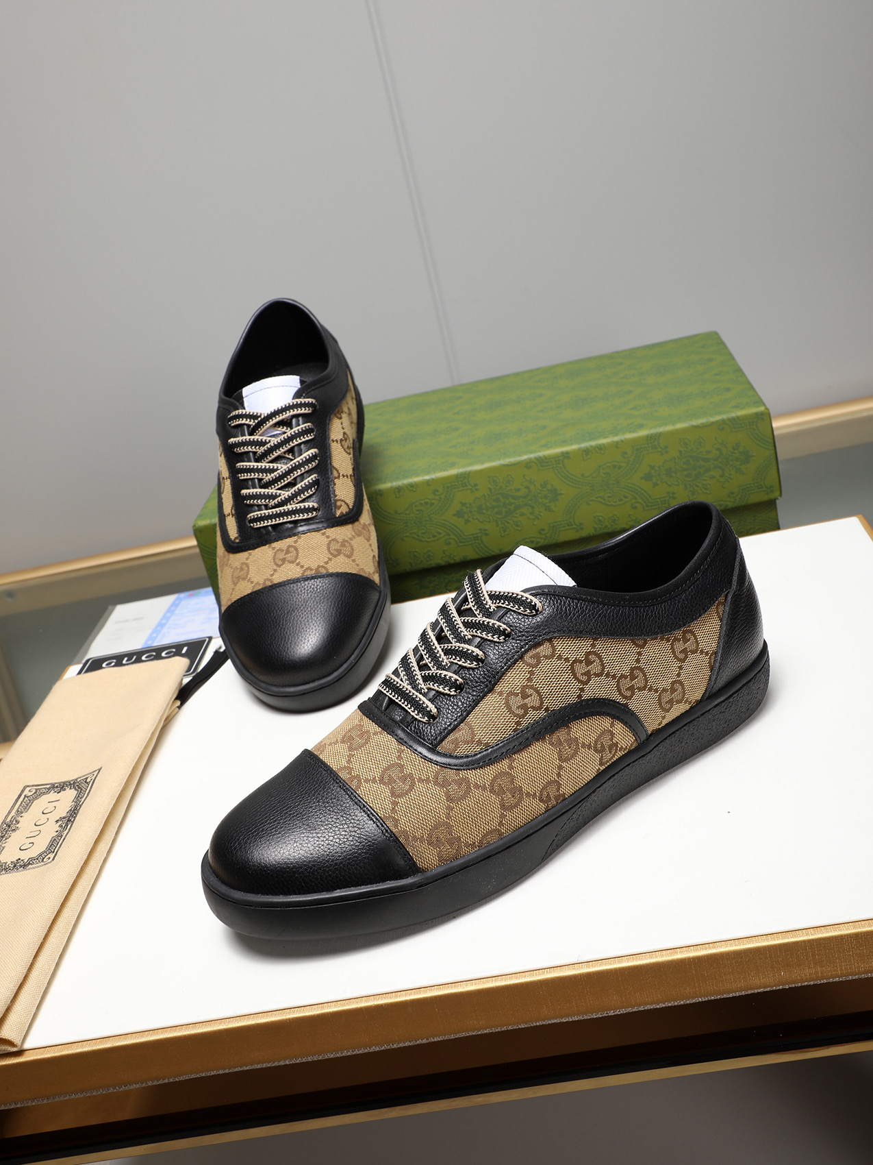 Gucci Men's Leather And Canvas Lace-Up Sneakers, Black/Brown, Size 38-44 9 i1741683625246 9568 0 7