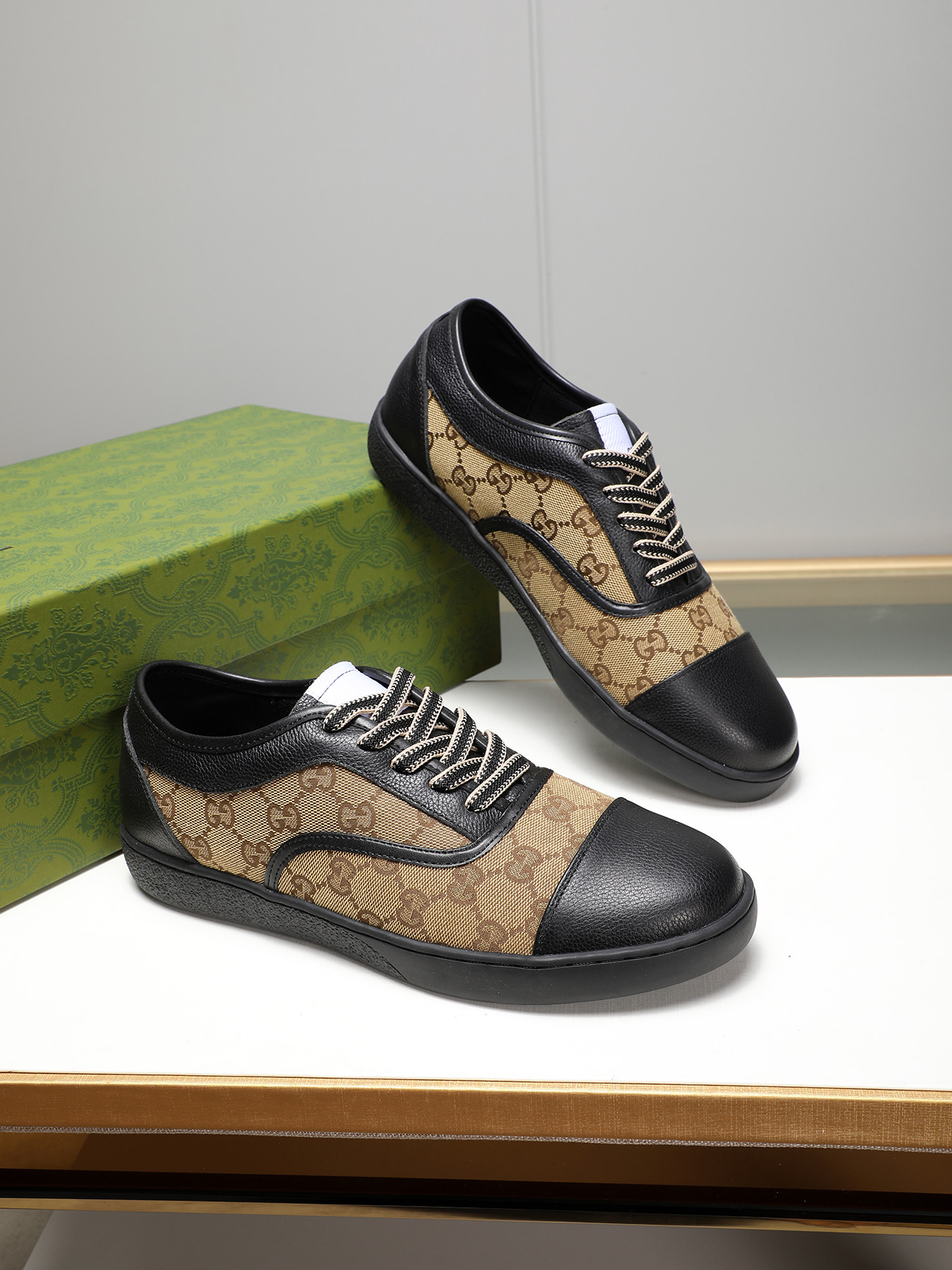 Gucci Men's Leather And Canvas Lace-Up Sneakers, Black/Brown, Size 38-44 5 i1741683625247 5430 0 3