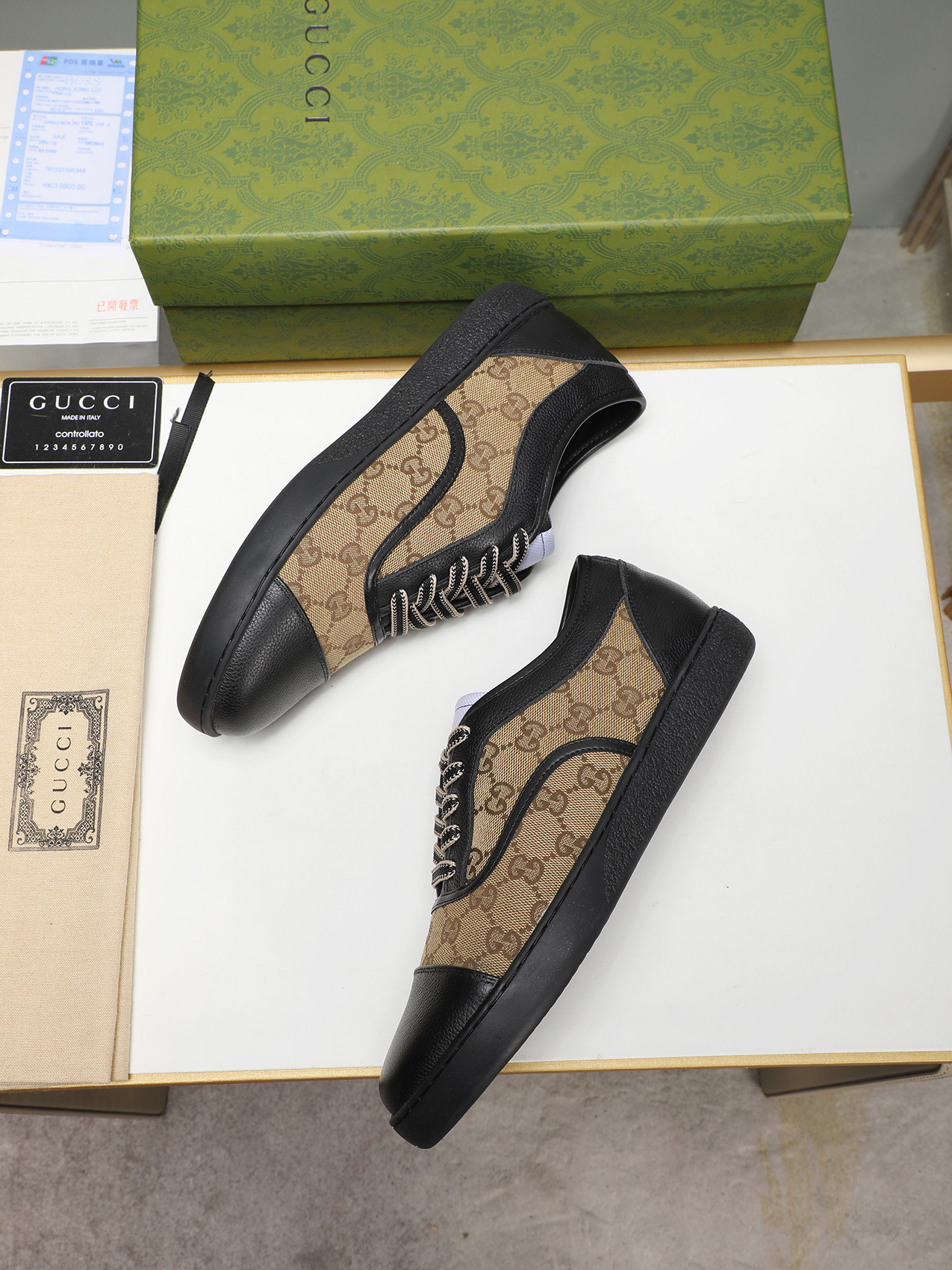 Gucci Men's Leather And Canvas Lace-Up Sneakers, Black/Brown, Size 38-44 8 i1741683625407 1636 0 6