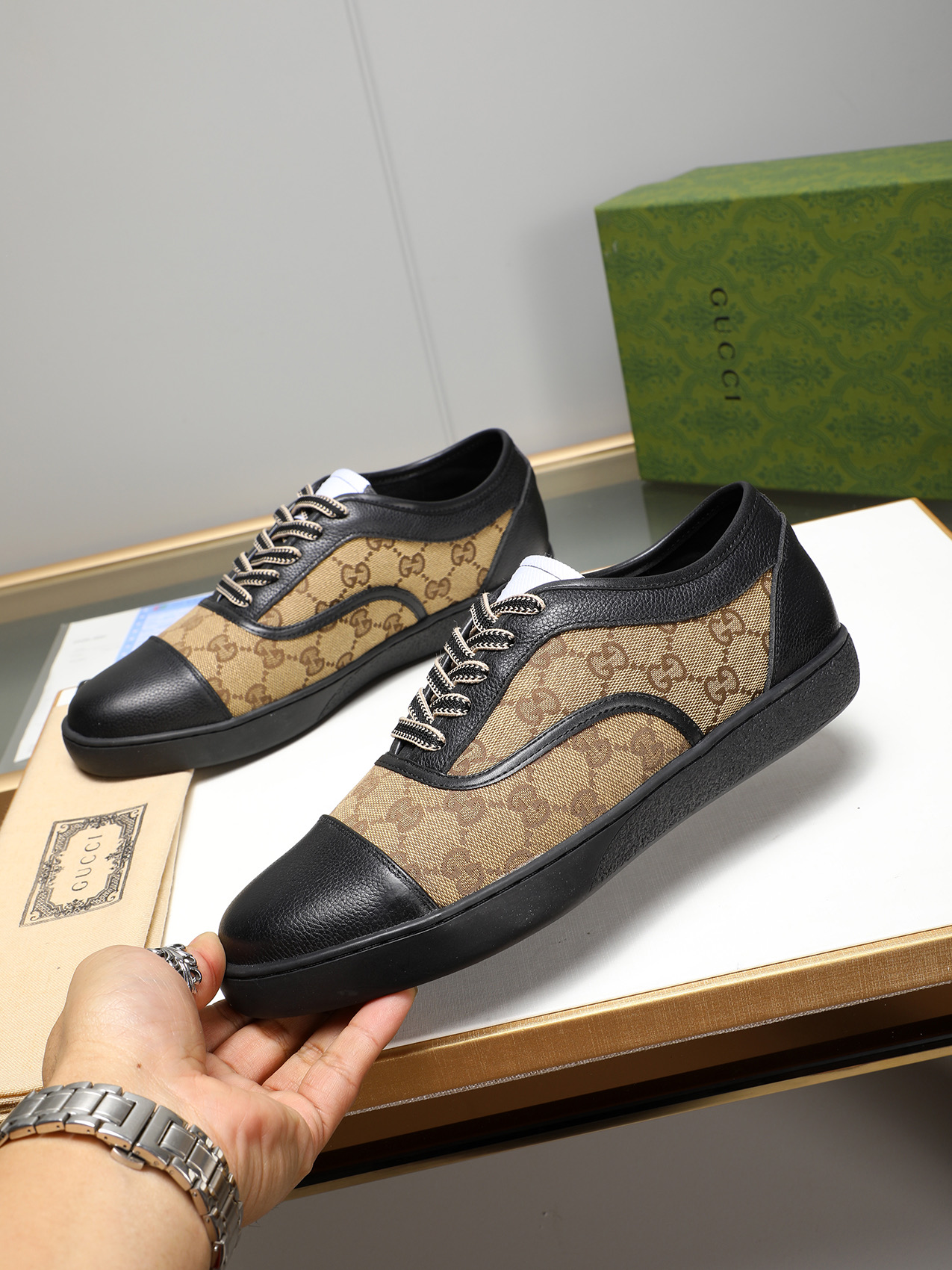 Gucci Men's Leather And Canvas Lace-Up Sneakers, Black/Brown, Size 38-44 3 i1741683629574 5395 0 1