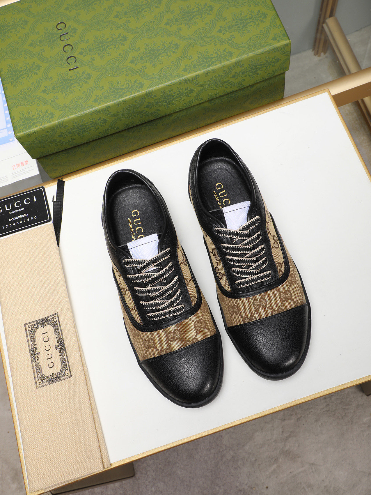 Gucci Men's Leather And Canvas Lace-Up Sneakers, Black/Brown, Size 38-44 10 i1741683629779 6148 0 8