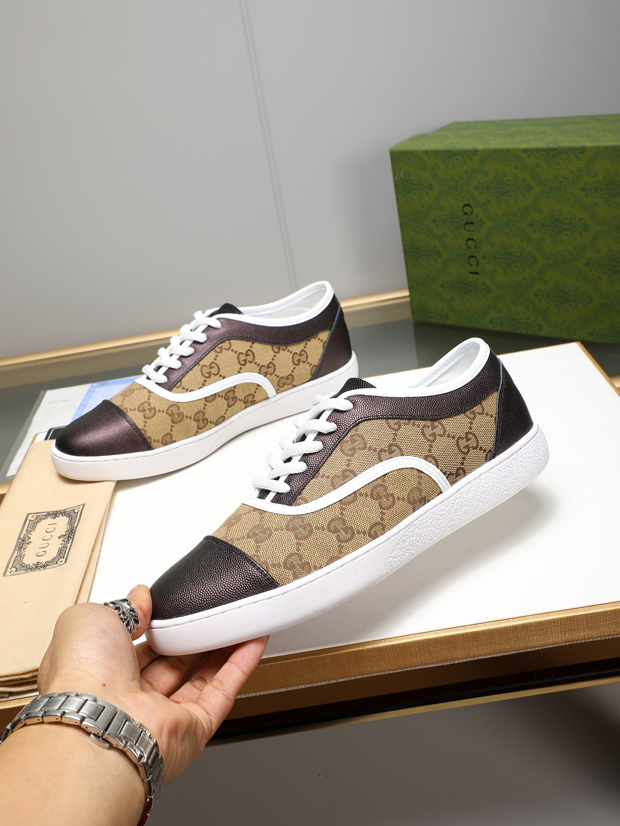 Gucci Men's Brown Leather Sneakers with GG Monogram Canvas, Sizes 38-44 3 i1741683672446 2126 0 1