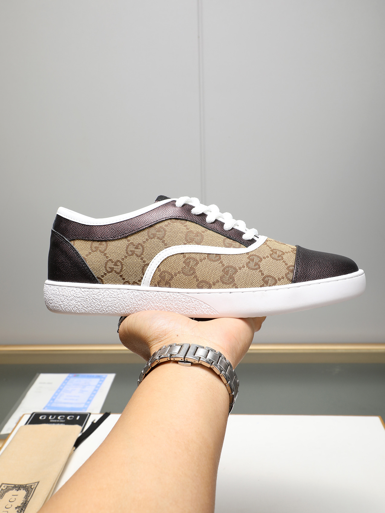 Gucci Men's Brown Leather Sneakers with GG Monogram Canvas, Sizes 38-44