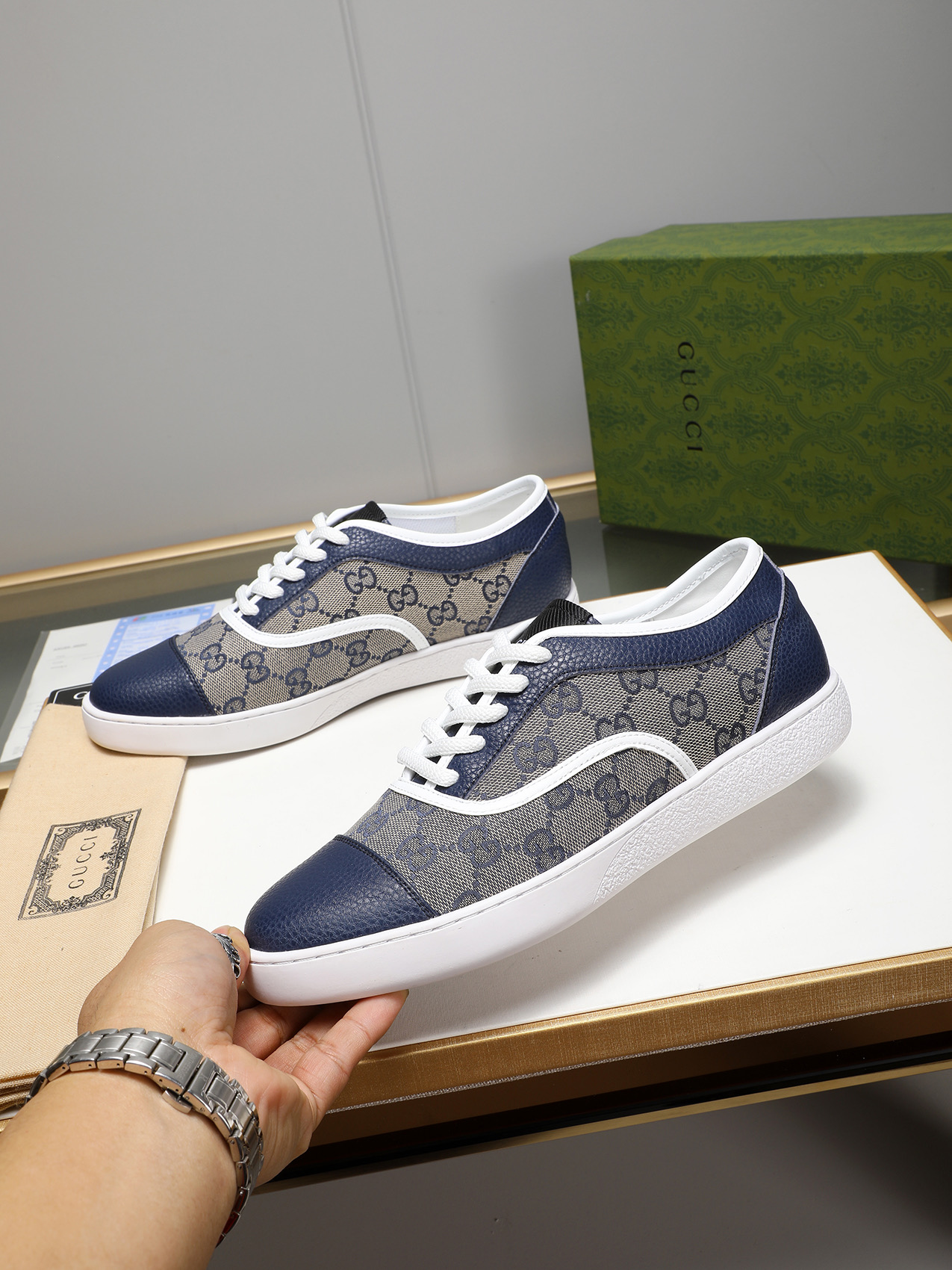 Gucci Men's Leather Trim Logo Sneakers, Blue, Sizes 38-44 3 i1741683692584 3171 0 1