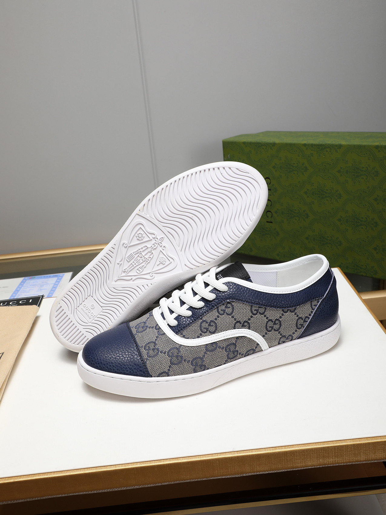 Gucci Men's Leather Trim Logo Sneakers, Blue, Sizes 38-44 4 i1741683692586 3747 0 2