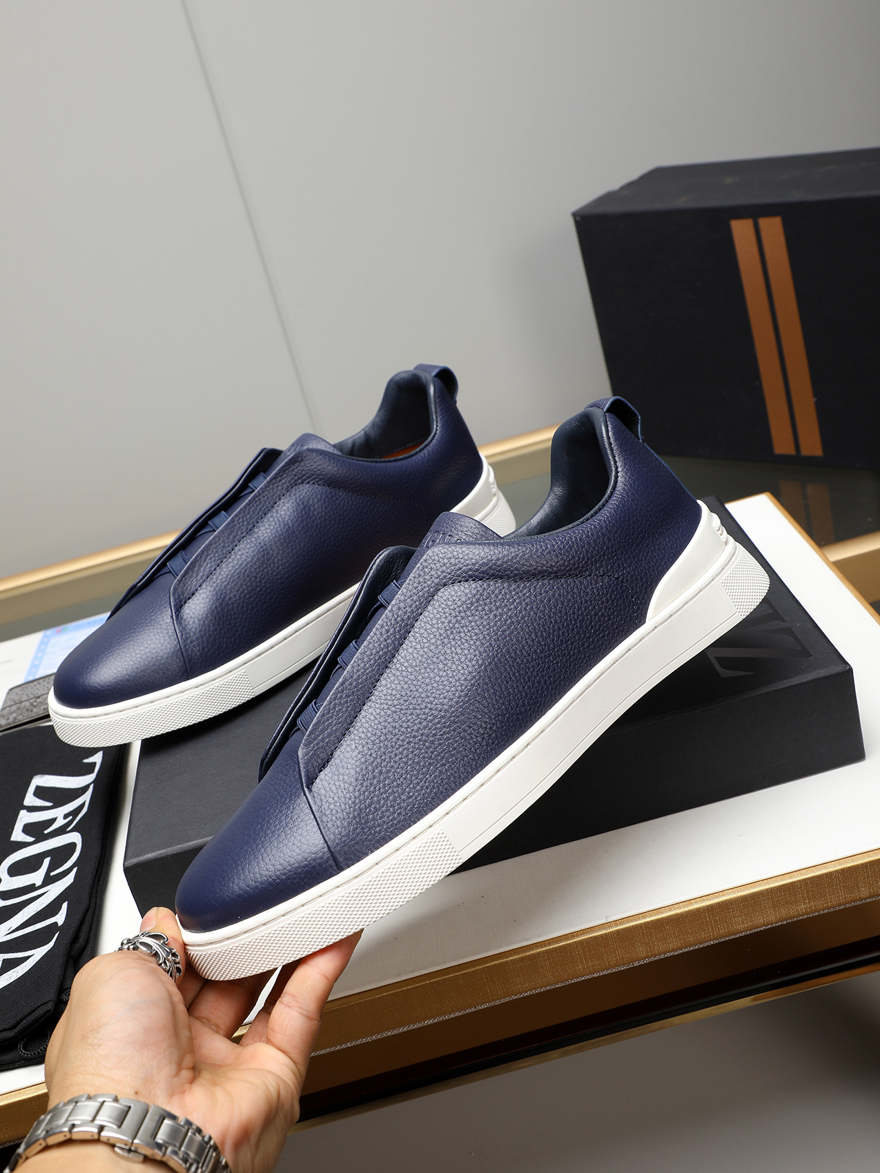 Zegna Men's Blue Leather Slip-On Sneakers, Sizes 38-44 - Original Quality 3 i1742028510907 393 0 1