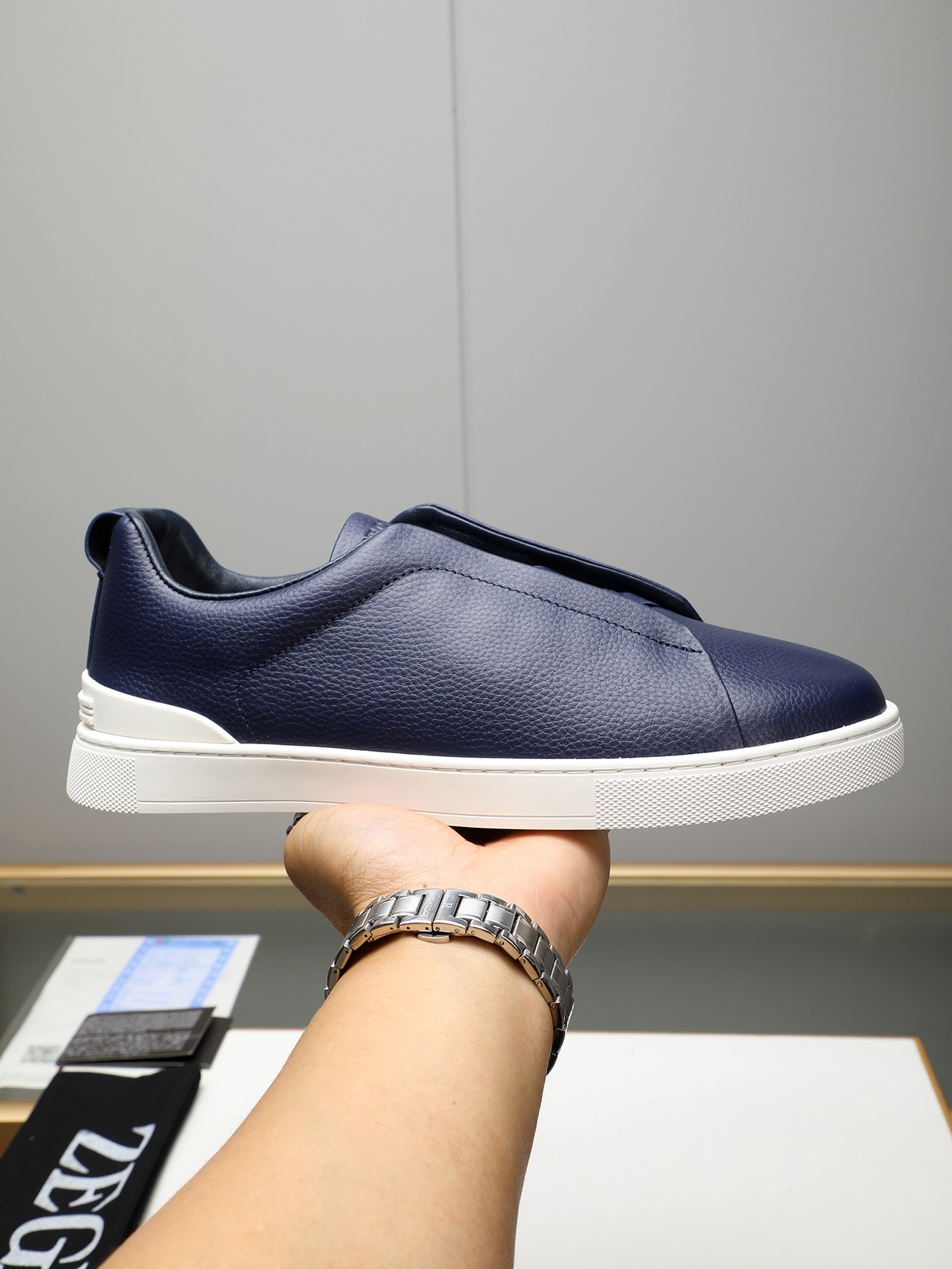 Zegna Men's Blue Leather Slip-On Sneakers, Sizes 38-44 - Original Quality