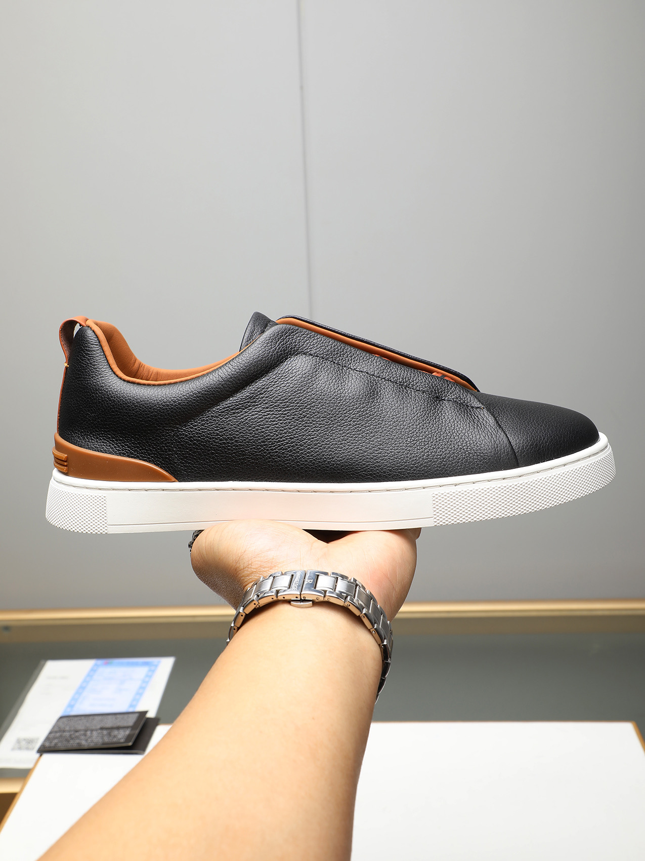 Zegna Men's Black Leather Slip-On Sneakers, Sizes 38-44 - Simple and Classic