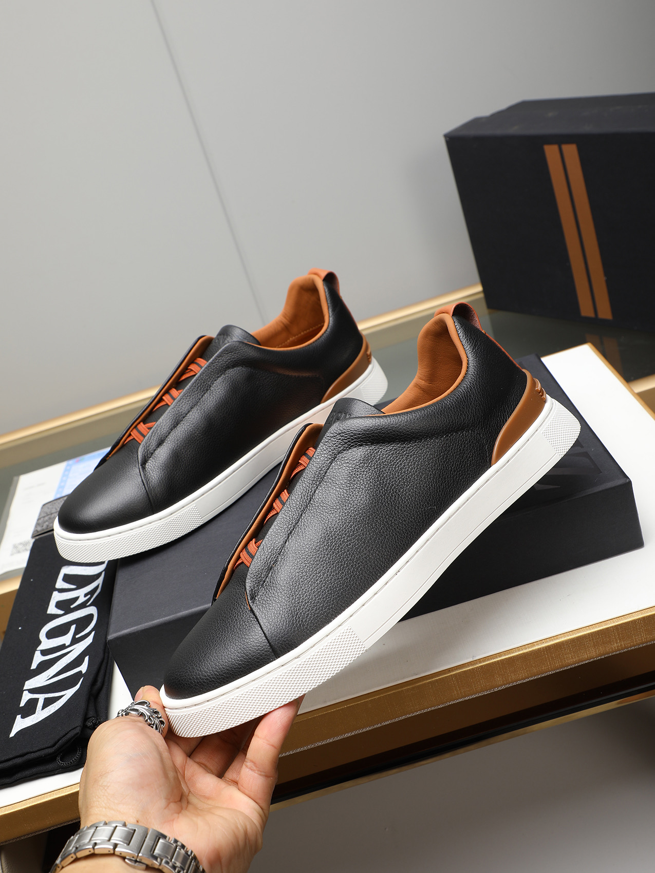 Zegna Men's Black Leather Slip-On Sneakers, Sizes 38-44 - Simple and Classic 3 i1742028536330 9079 0 1