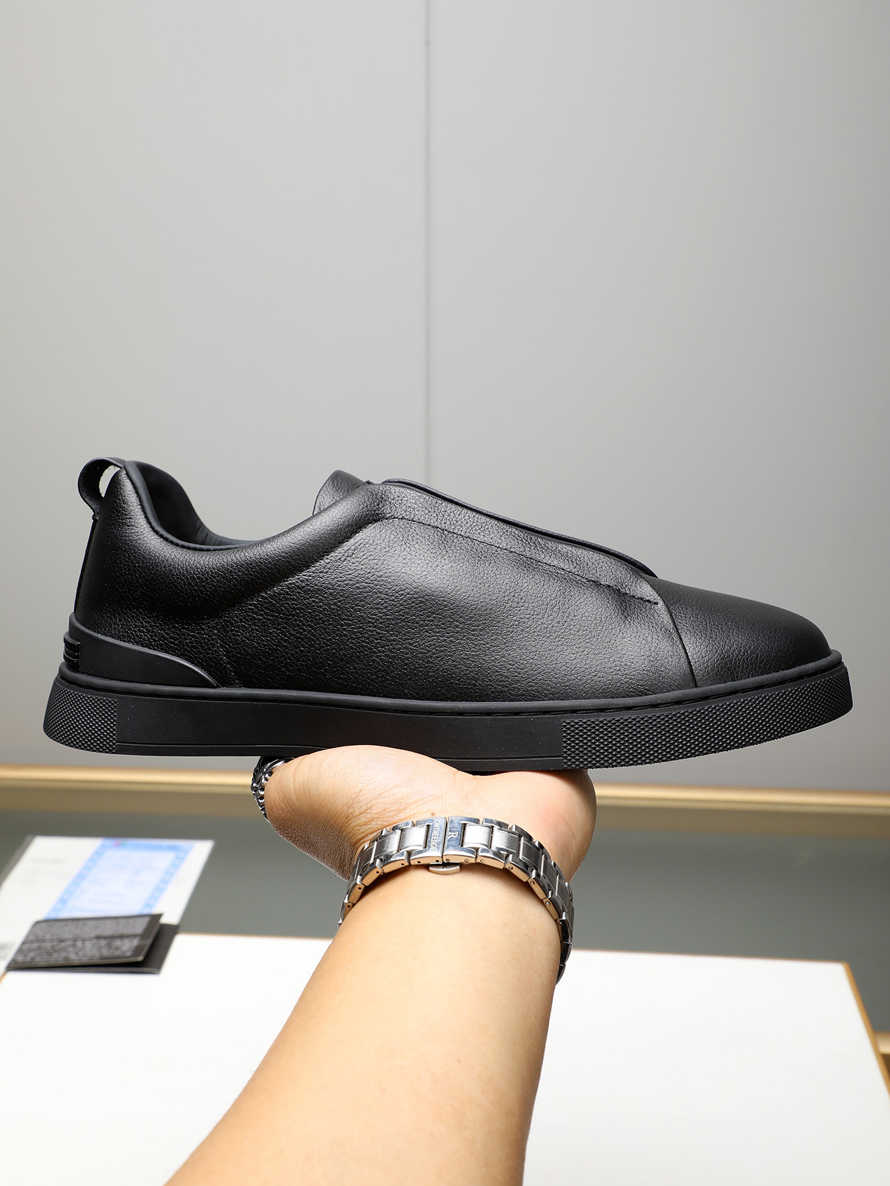 Zegna Men's Black Leather Slip-On Sneakers, Sizes 38-44