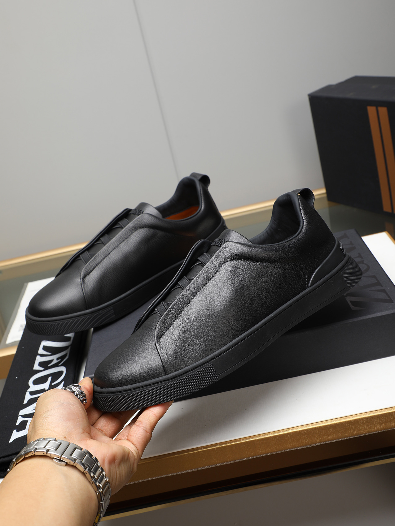 Zegna Men's Black Leather Slip-On Sneakers, Sizes 38-44 3 i1742028756169 2344 0 1