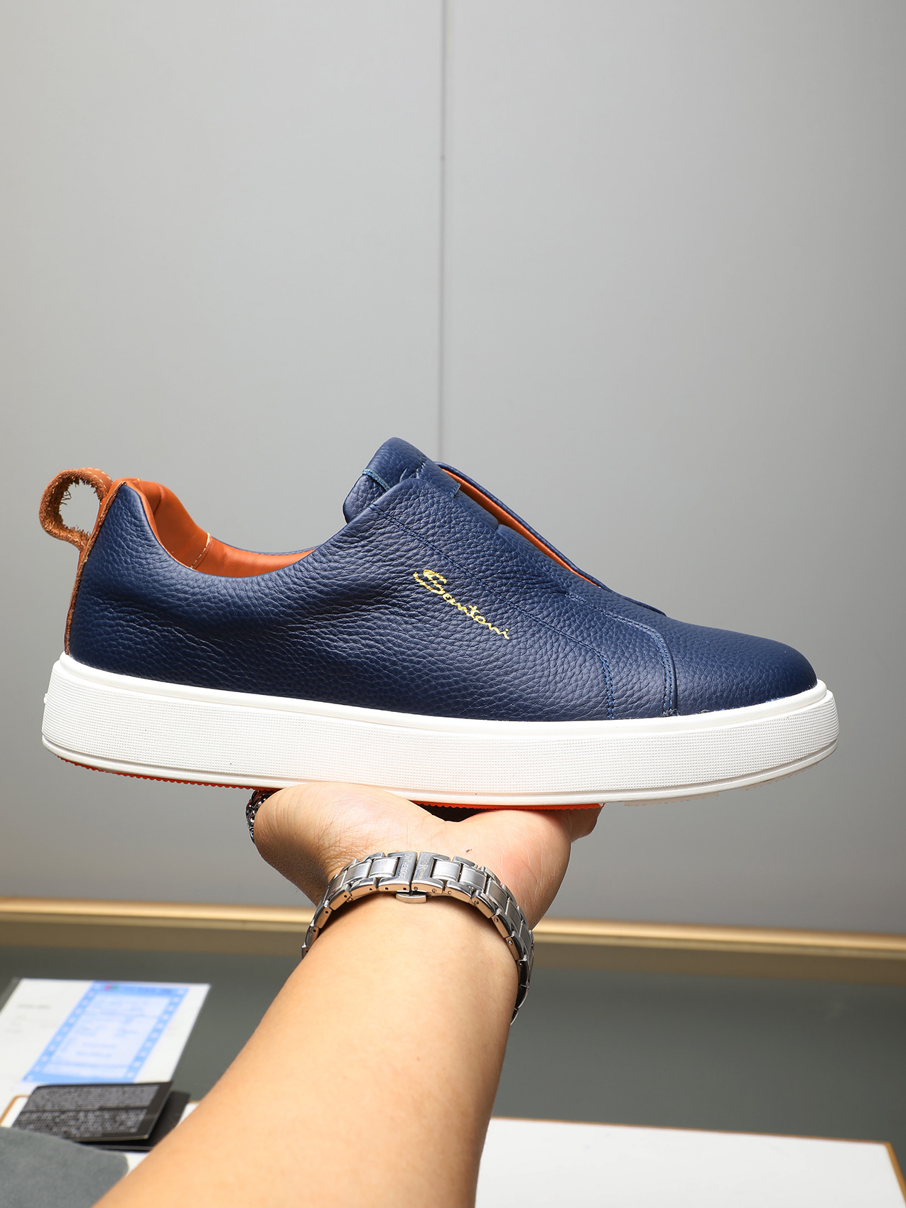 Santoni Men's Blue Leather Slip-On Sneakers - Casual Comfort & Style