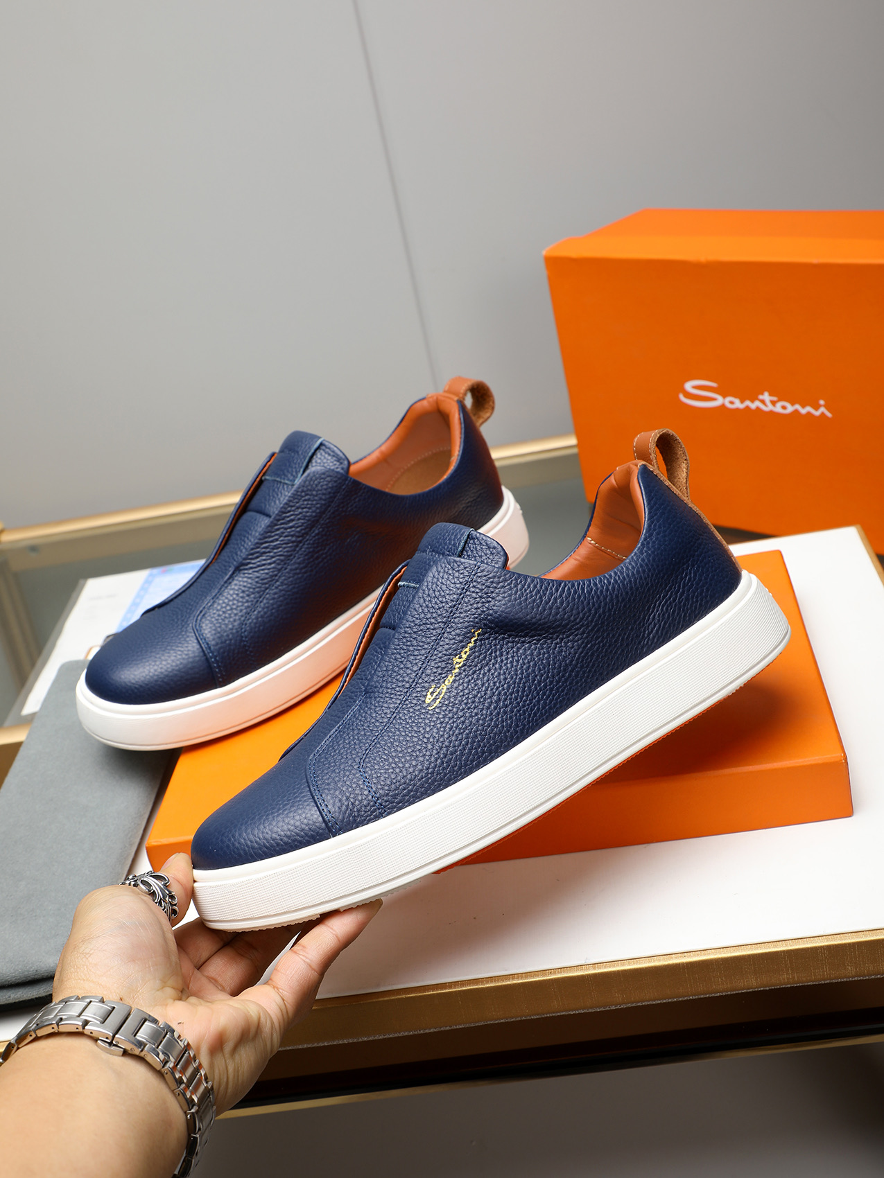 Santoni Men's Blue Leather Slip-On Sneakers - Casual Comfort & Style 3 i1742029230733 2498 0 1