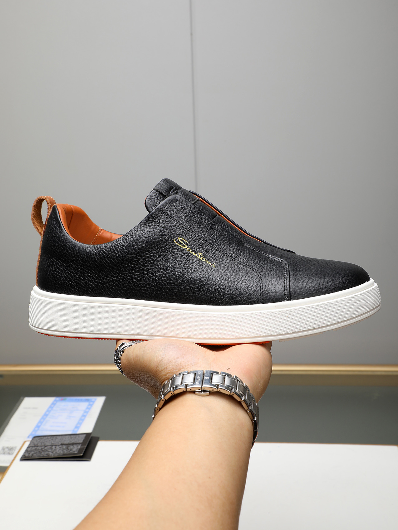 Santoni Men's Black Leather Slip-On Sneakers - Italian Craftsmanship