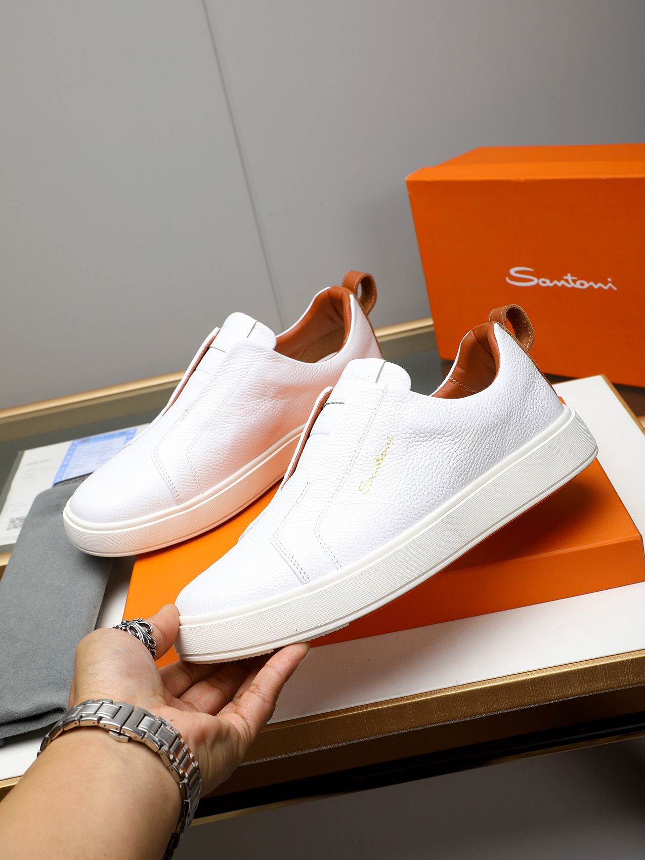 Santoni Men's White Leather Slip-On Sneakers - Casual Comfort & Style 3 i1742029270724 6111 0 1