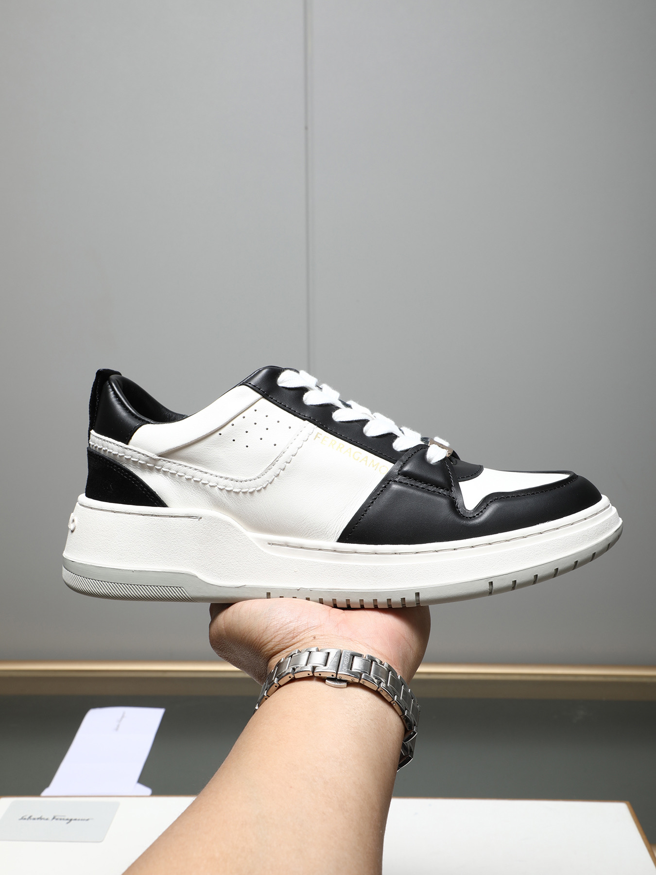 Ferragamo Men's Leather Low-Top Casual Sneakers, Thick Sole, Modern Style