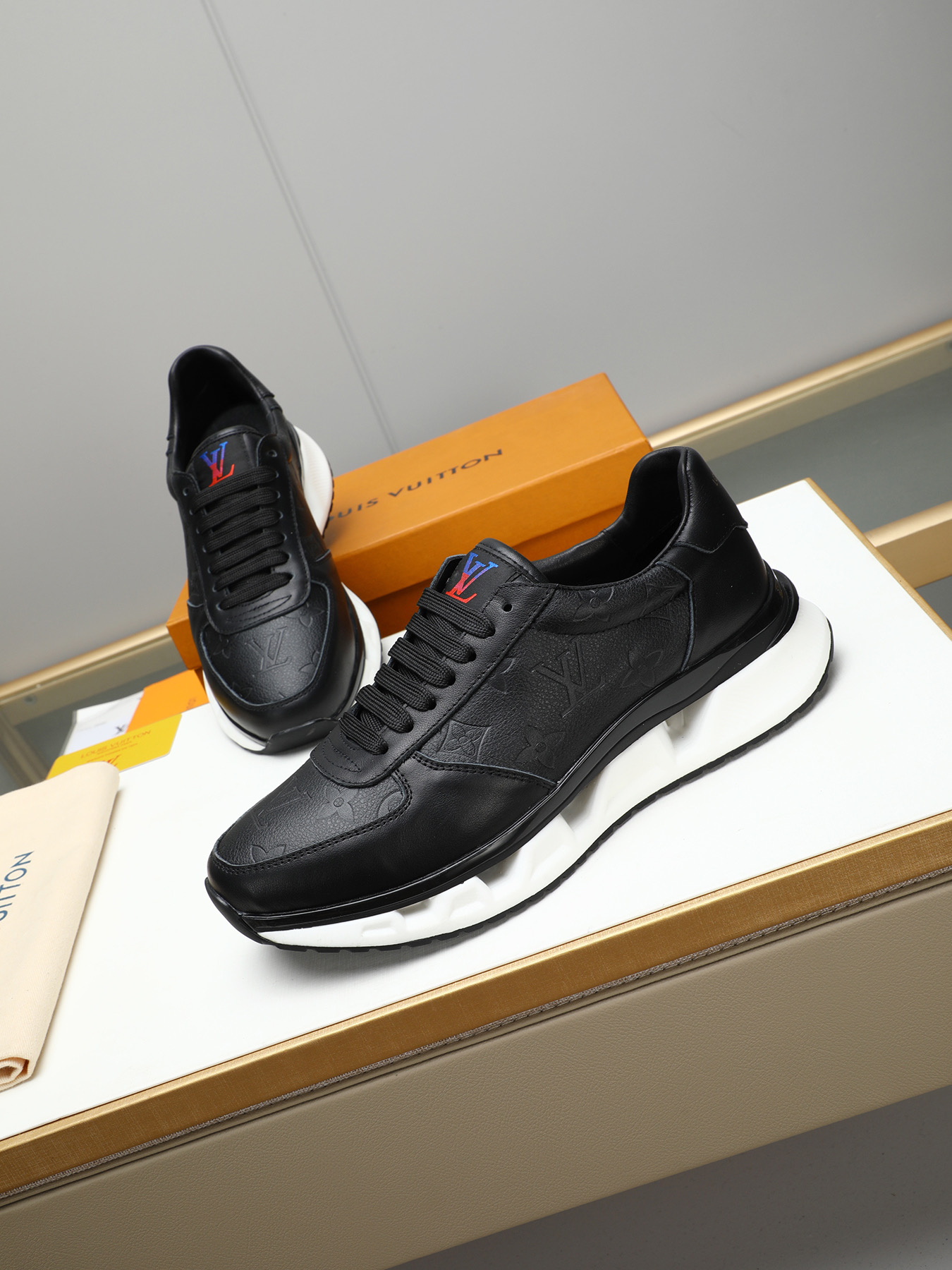 Louis Vuitton Men's Black Leather Sneaker with Embossed Monogram Pattern 10 i1743235531607 6959 0 8