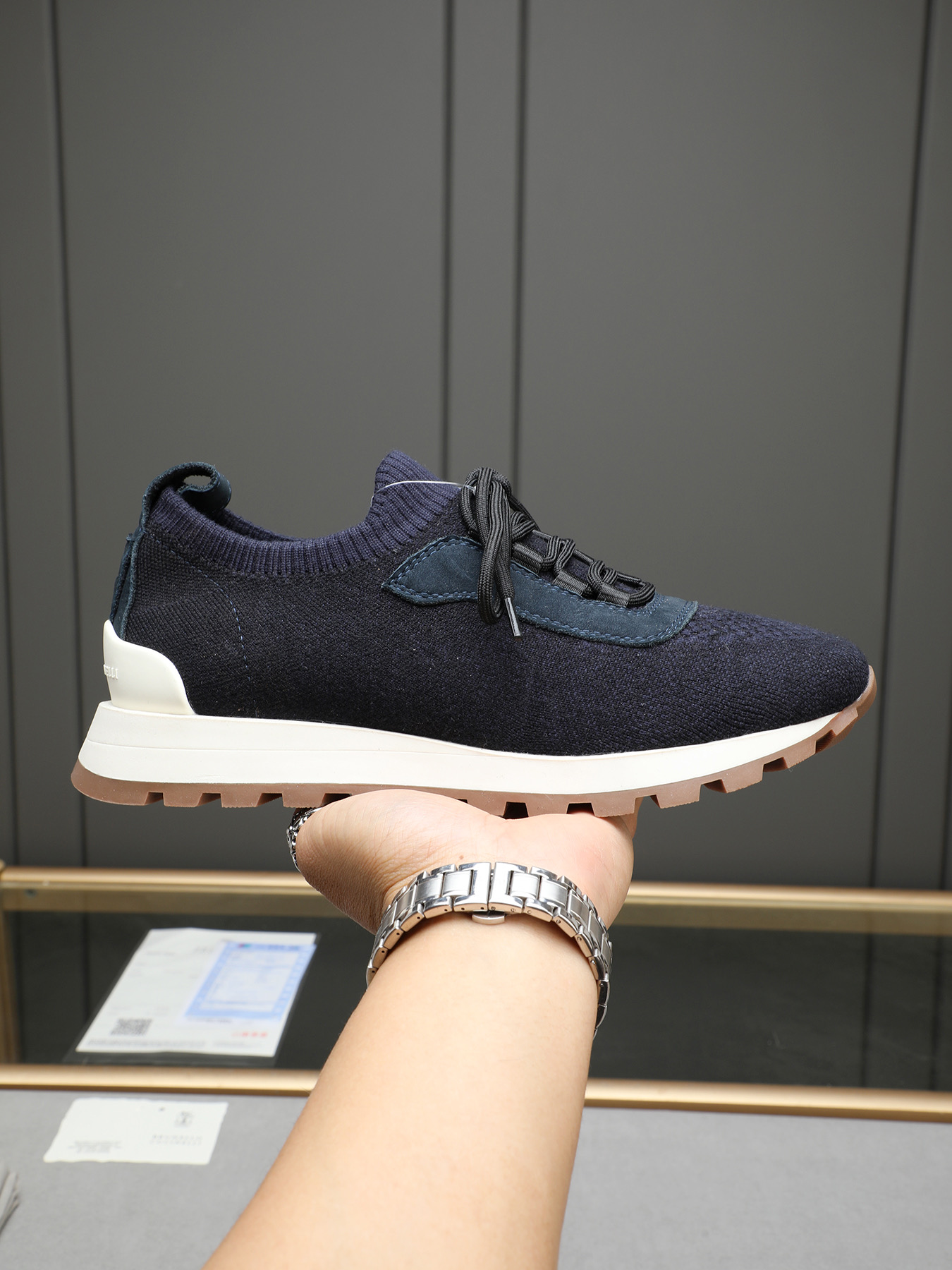 Brunello Cucinelli Men's Navy Knit Sneakers with Leather Accents, Sizes 38-44 2 i1744103119768 8128 0 0