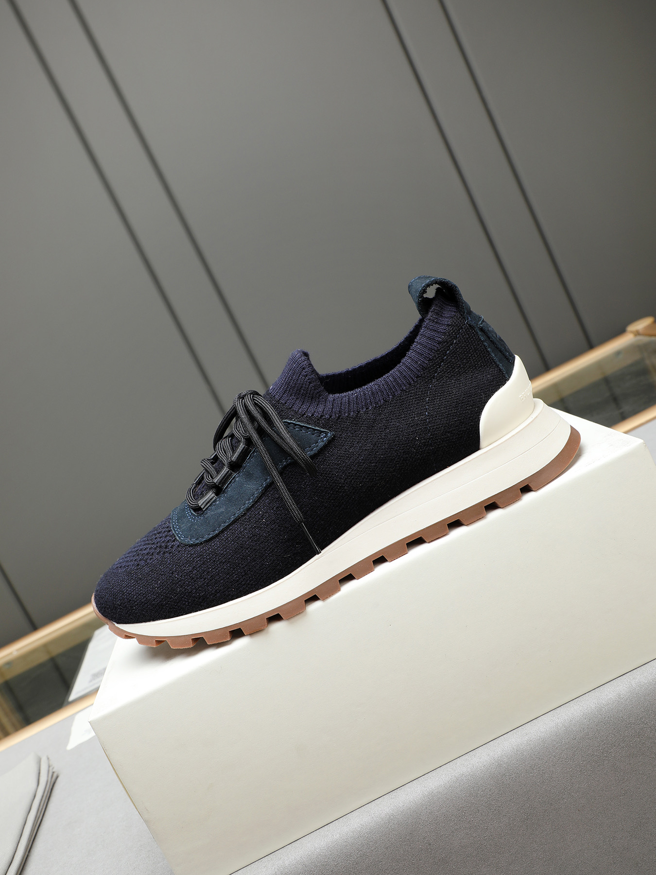 Brunello Cucinelli Men's Navy Knit Sneakers with Leather Accents, Sizes 38-44 7 i1744103119769 1901 0 5