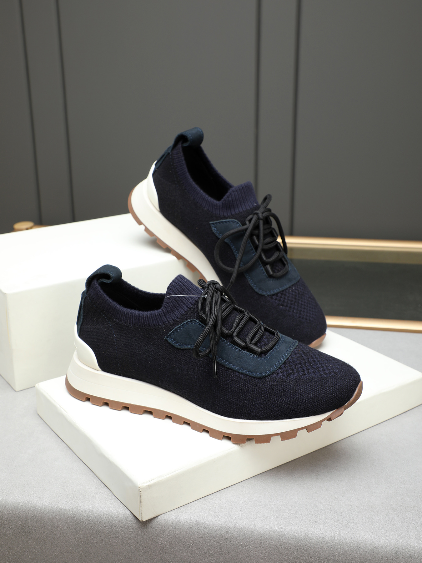 Brunello Cucinelli Men's Navy Knit Sneakers with Leather Accents, Sizes 38-44 5 i1744103119769 8000 0 3