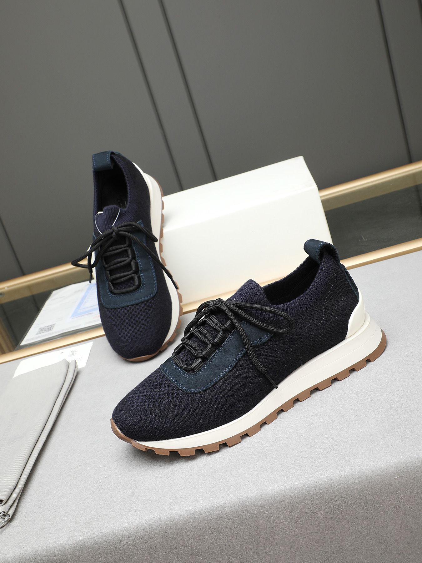 Brunello Cucinelli Men's Navy Knit Sneakers with Leather Accents, Sizes 38-44 8 i1744103120691 2511 0 6