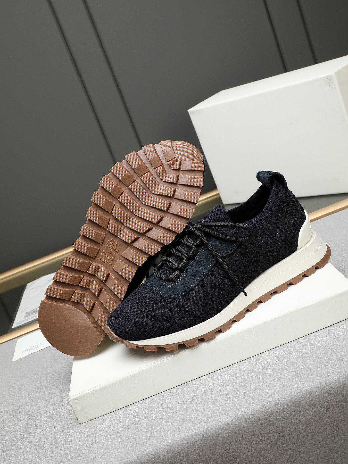 Brunello Cucinelli Men's Navy Knit Sneakers with Leather Accents, Sizes 38-44 4 i1744103120694 7907 0 2